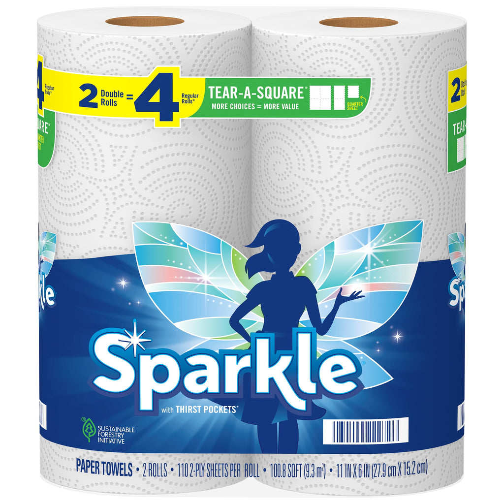 Sparkle Tear-A-Square Paper Towels - 2 Double Rolls = 4 Regular Rolls, Customizable Sheet Size Paper Towel