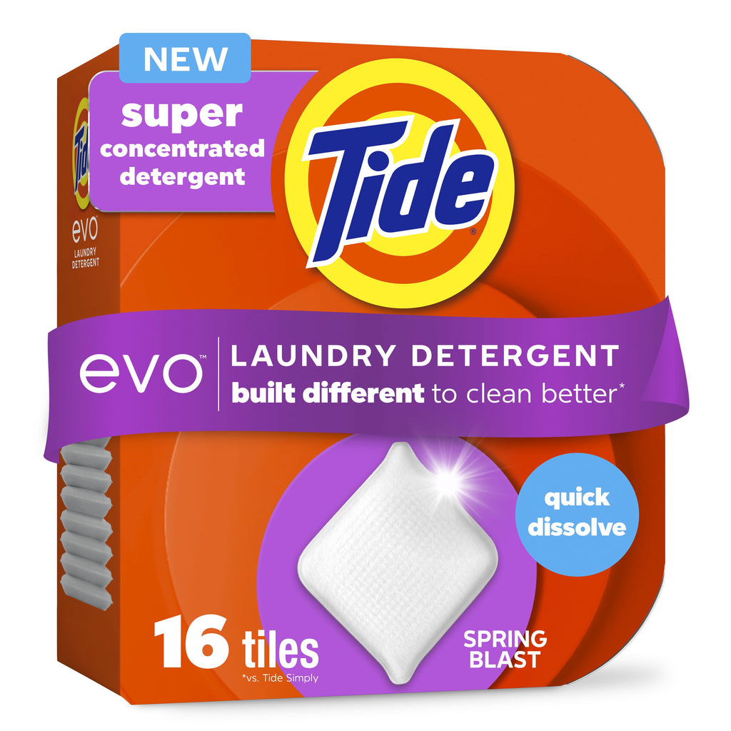 Tide Evo Laundry Detergent Tiles - 100% Concentrated, 6X Cleaning Power, Spring Blast Scent, 16 Count