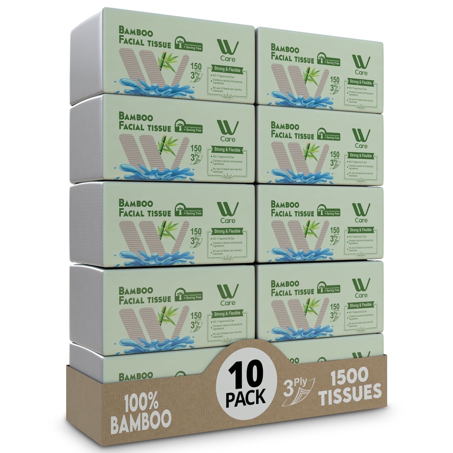 WBM 100% Bamboo Fiber 3-Ply Facial Tissues - 150 Tissues per Box, 10 Packs (1500 Total Tissues)