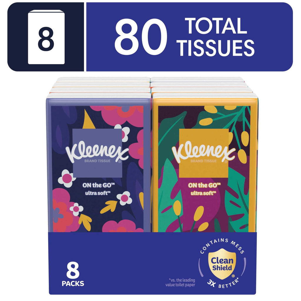 Kleenex On-The-Go Facial Tissues - 8 On-The-Go Packs, 10 Tissues per Pack, 3-Ply - 9-Pack