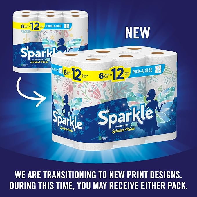 Sparkle Pick-A-Size Paper Towels - Spirited Prints, 6 Double Rolls = 12 Regular Rolls, Everyday Value Paper Towel With Full And Half Sheets
