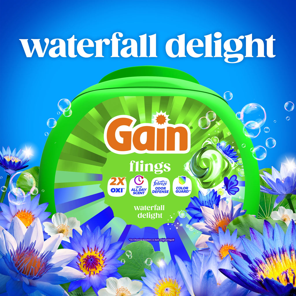 Gain Flings Liquid Washing Detergent pacs - Now with Odor Defense + Color Guard, Waterfall Delight Scent, 42 Count, 4-In-1 liquid laundry detergent pacs, clean & fresh