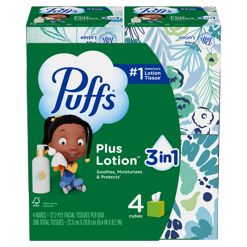 Puffs Facial Tissue Plus Lotion - 4 Mega Cube Boxes, 72 Tissues Per Box