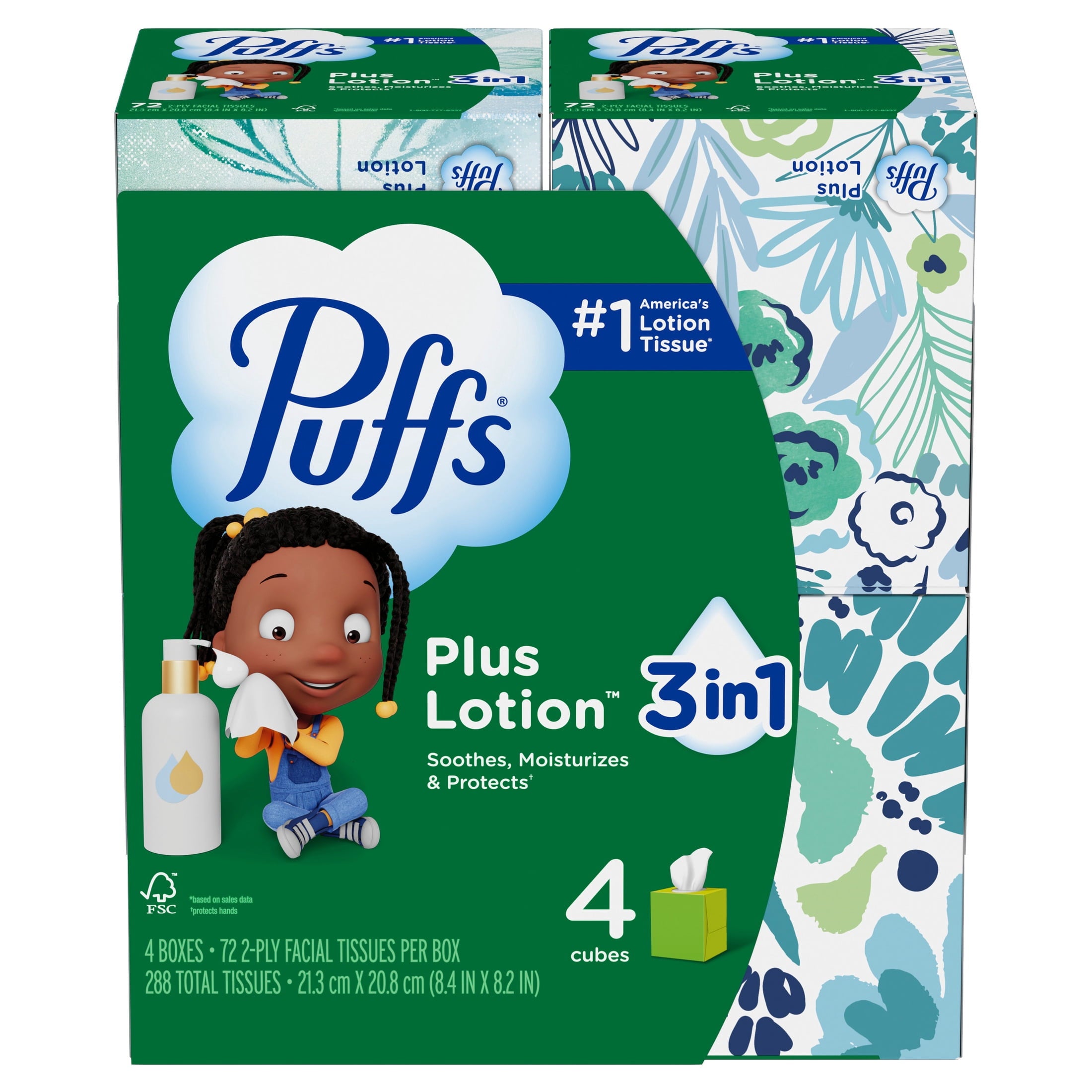 Puffs Facial Tissue Plus Lotion - 4 Mega Cube Boxes, 72 Tissues Per Box
