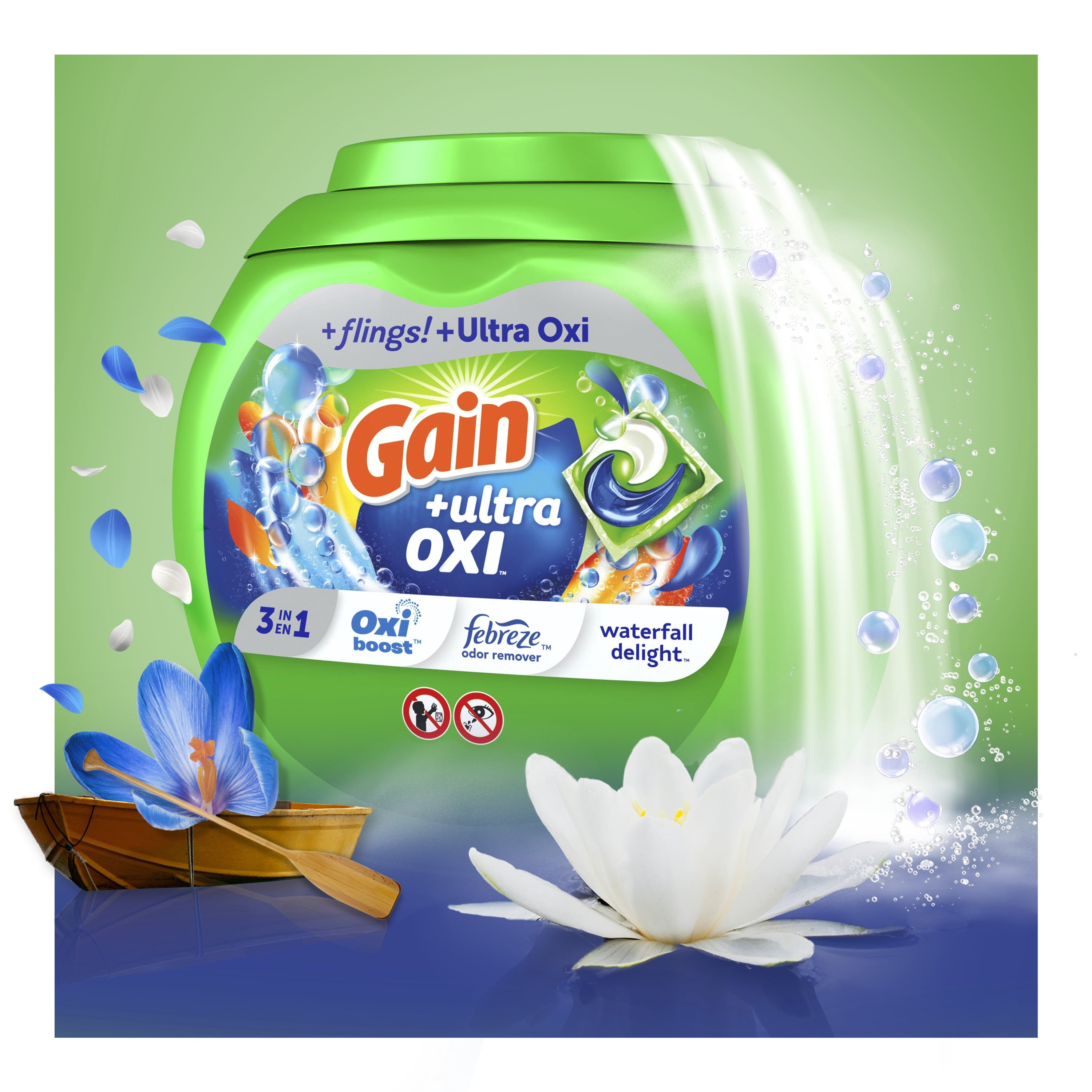 Gain Flings Ultra Oxi Laundry Detergent Pacs - Waterfall Delight Scent, 112 Count