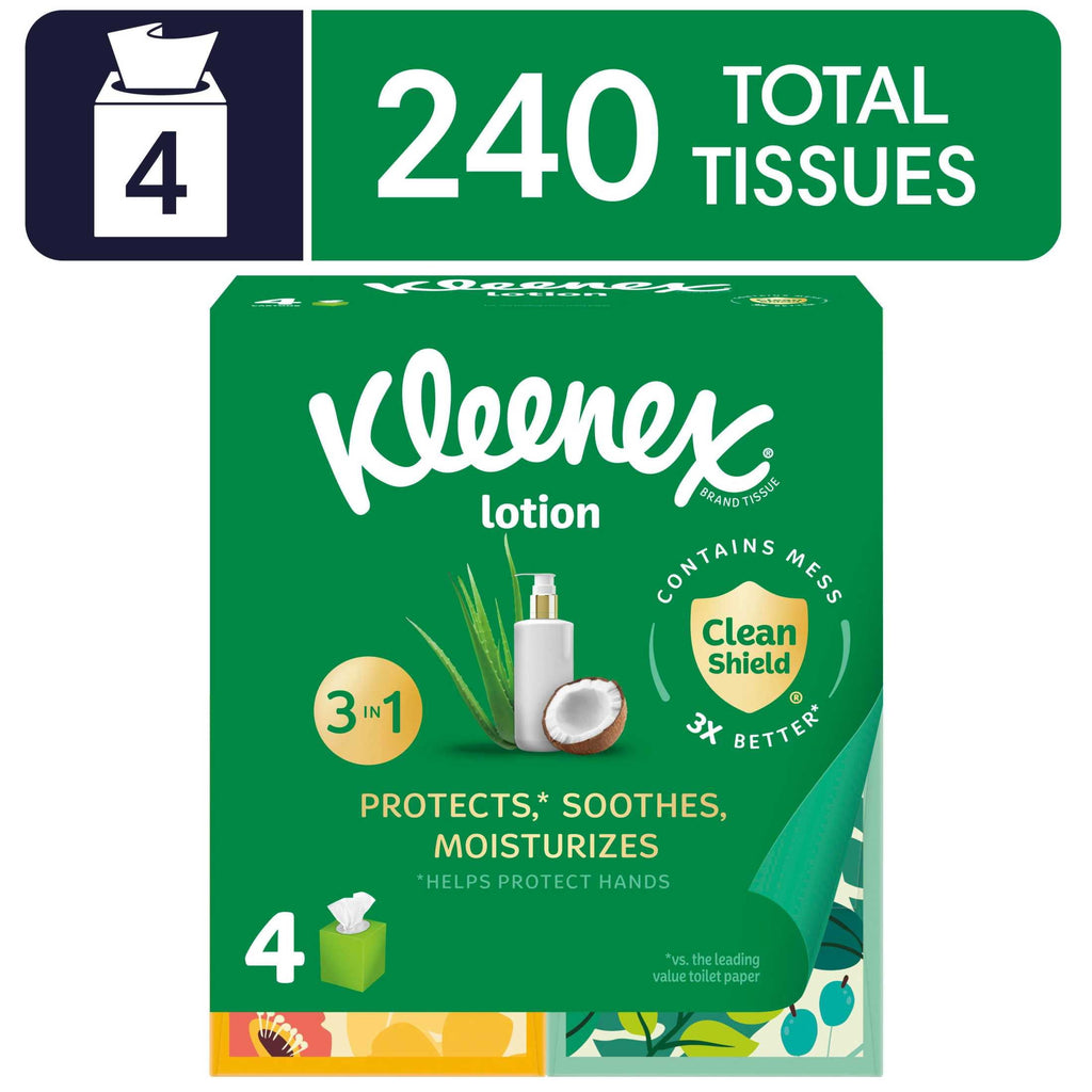Kleenex Lotion Facial Tissues with Coconut Oil - 4 Cube Boxes, 60 Tissues per Box, 3-Ply - 8-Pack