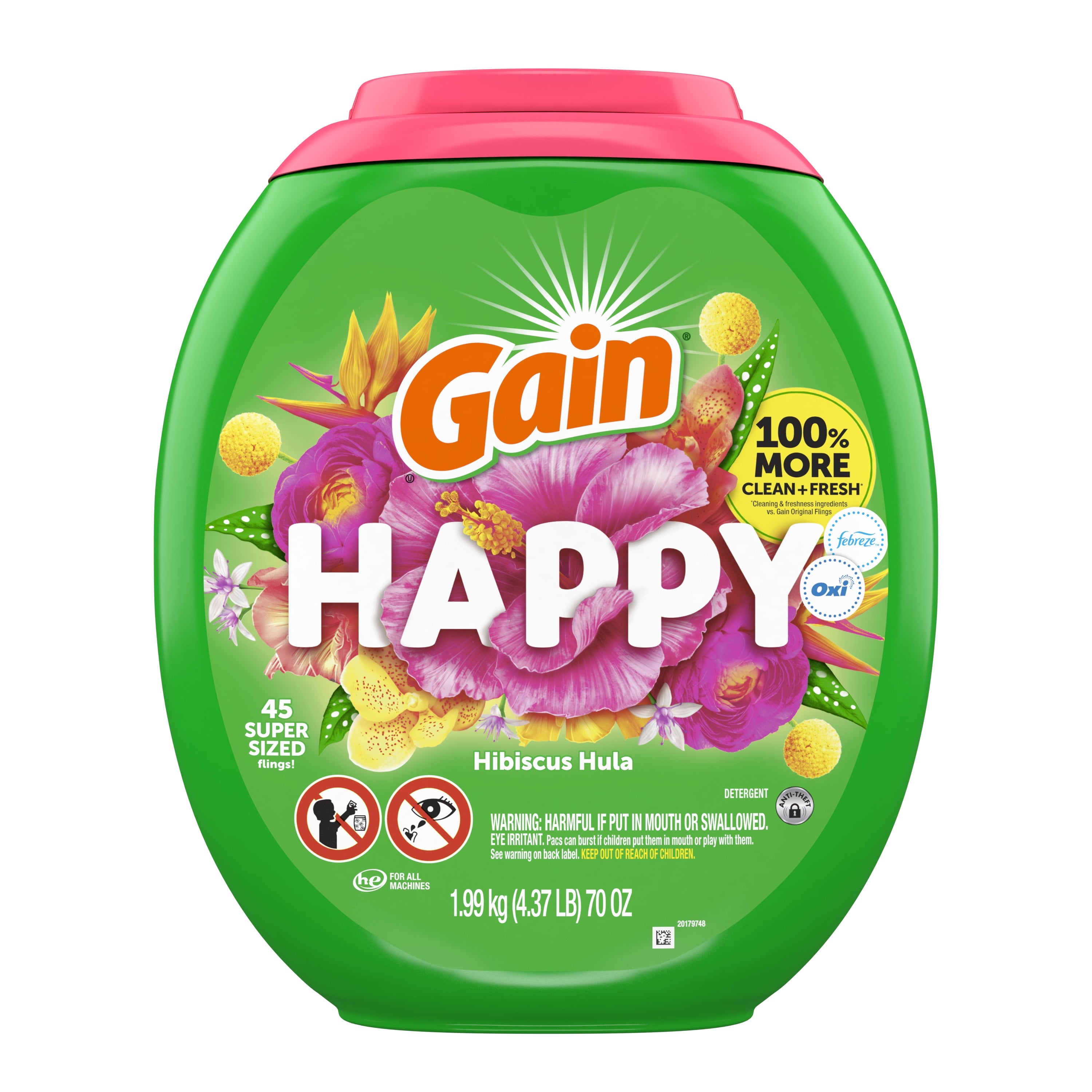 Gain Super Sized Flings Laundry Detergent Pacs - 3-in-1 Detergent Pacs with Febreze and Oxi, Happy Scent, 45 Count