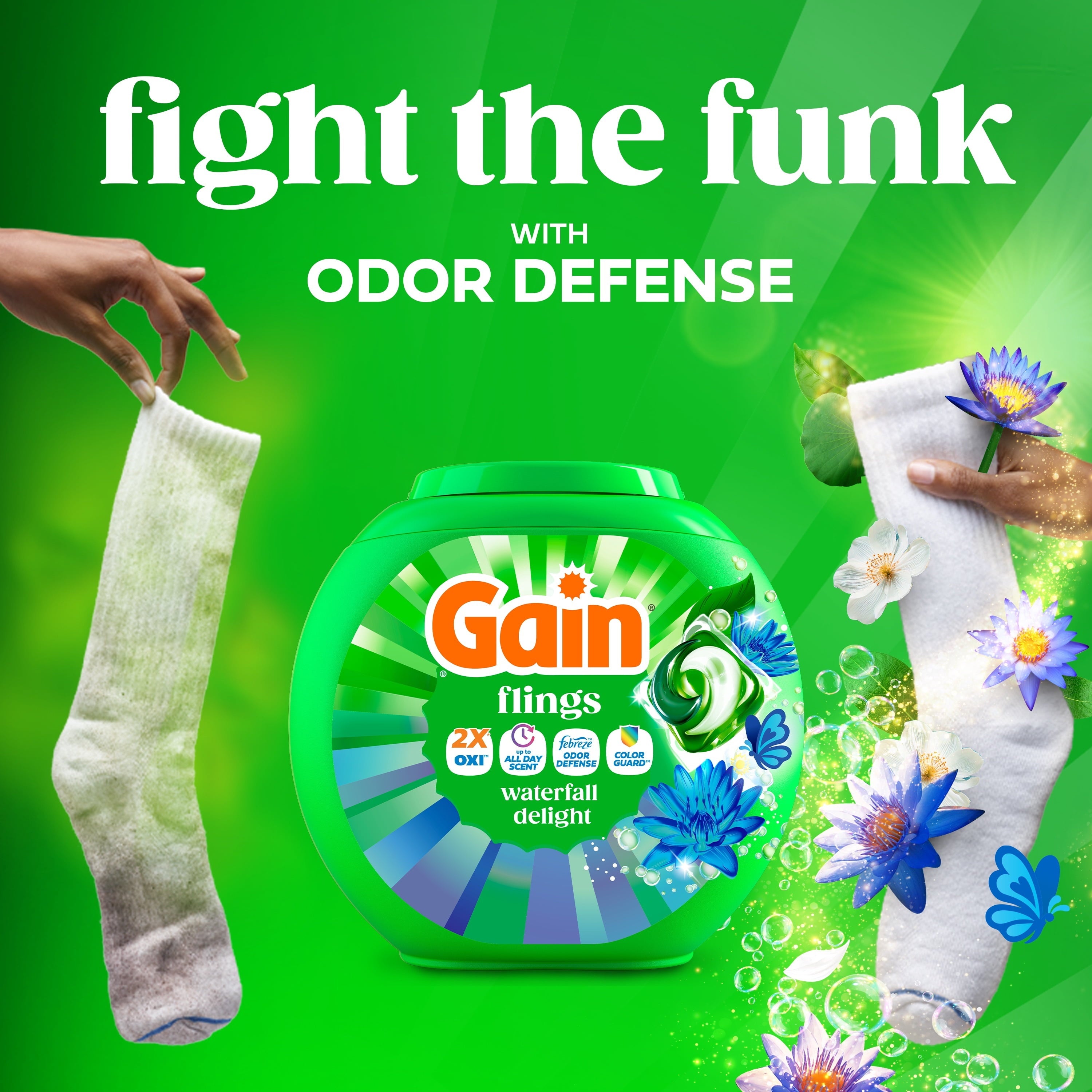 Gain Flings Liquid Washing Detergent pacs - Now with Odor Defense + Color Guard, Waterfall Delight Scent, 42 Count, 4-In-1 liquid laundry detergent pacs, clean & fresh