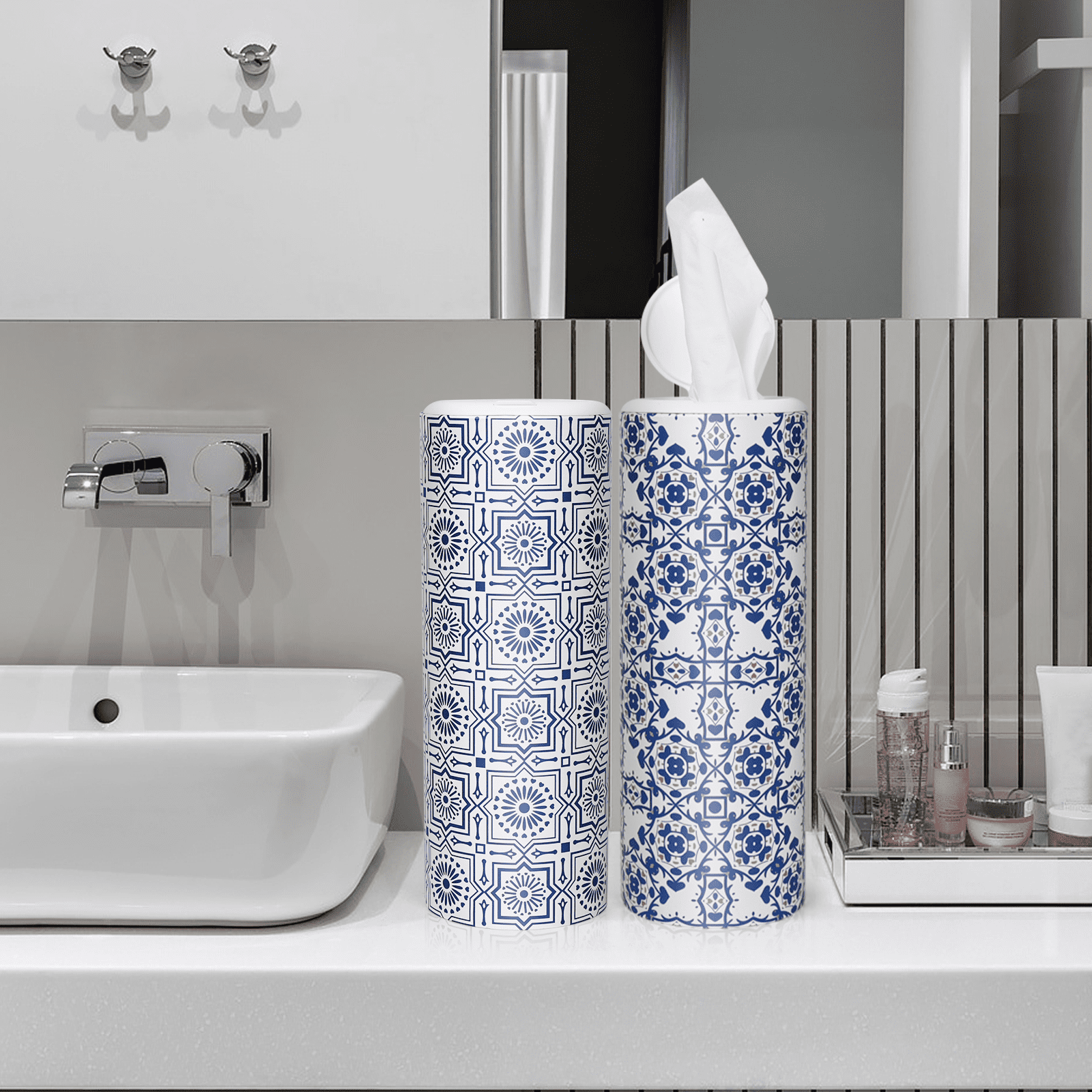 Clover Cylinder Facial Tissues for Car or Small Space，4 Tubes 3-Ply White & Blue Car Tissus for Travel