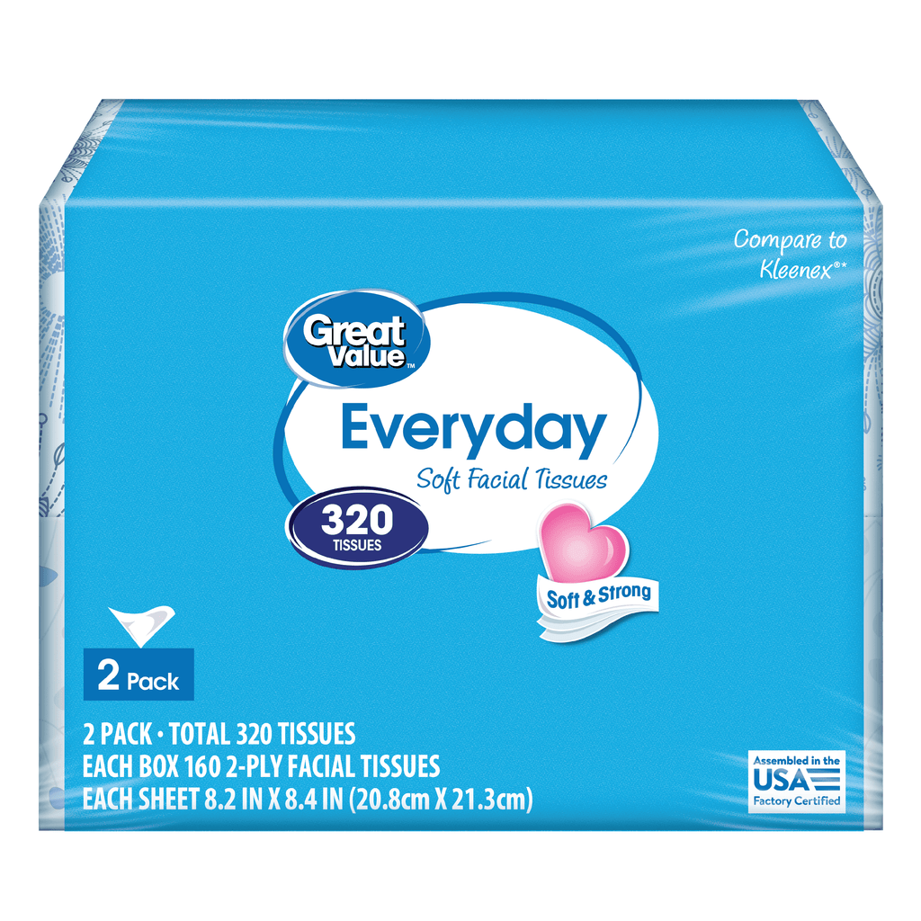 Great Value Everyday Soft Facial Tissues - 2 Flat Cartons, 160 Tissues per Carton, 2-Ply, Compare to Kleenex® - 12-Pack
