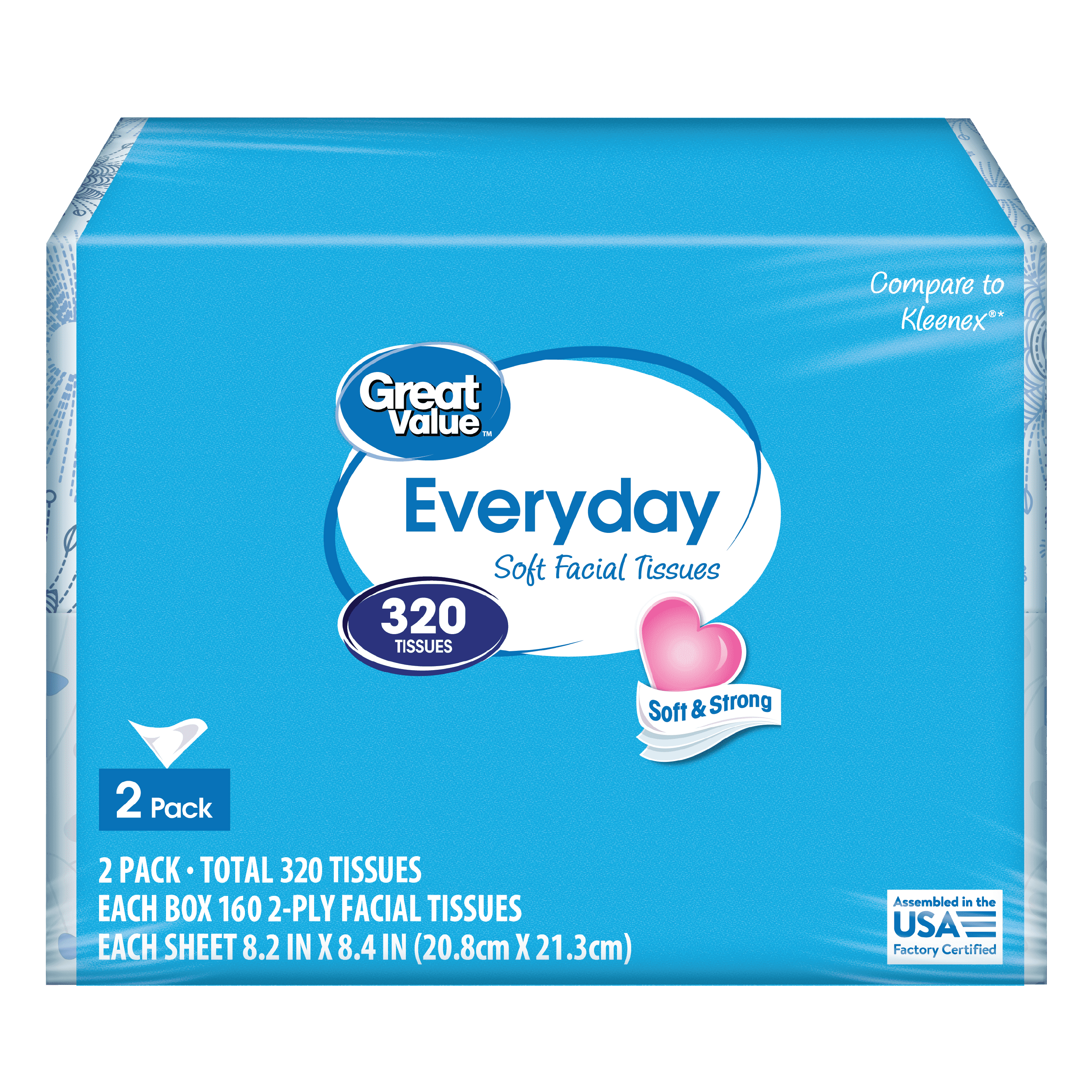 Great Value Everyday Soft Facial Tissues - 2 Flat Cartons, 160 Tissues per Carton, 2-Ply, Compare to Kleenex® - 12-Pack
