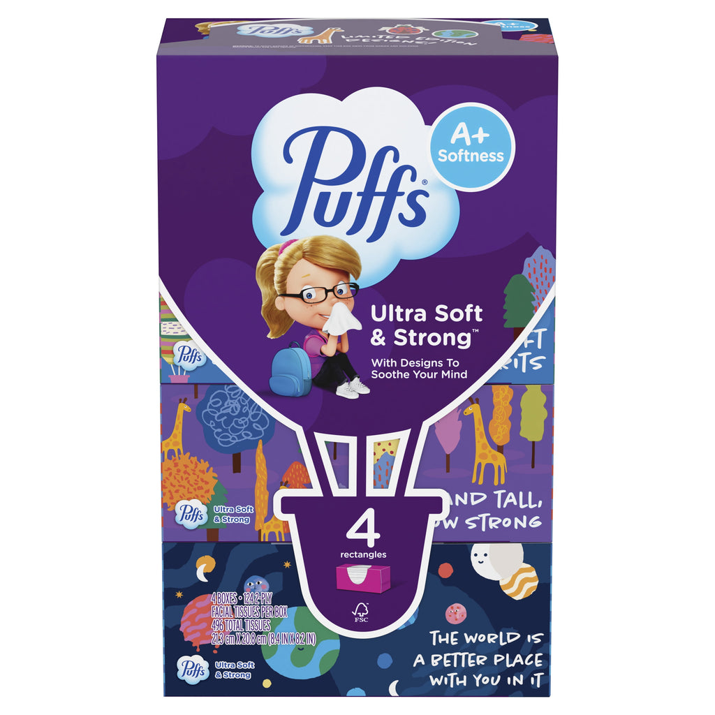 Puffs Ultra Soft Facial Tissues - Back-to-School Exclusive, 4 Rectangle Boxes, 124 Facial Tissues Per Box