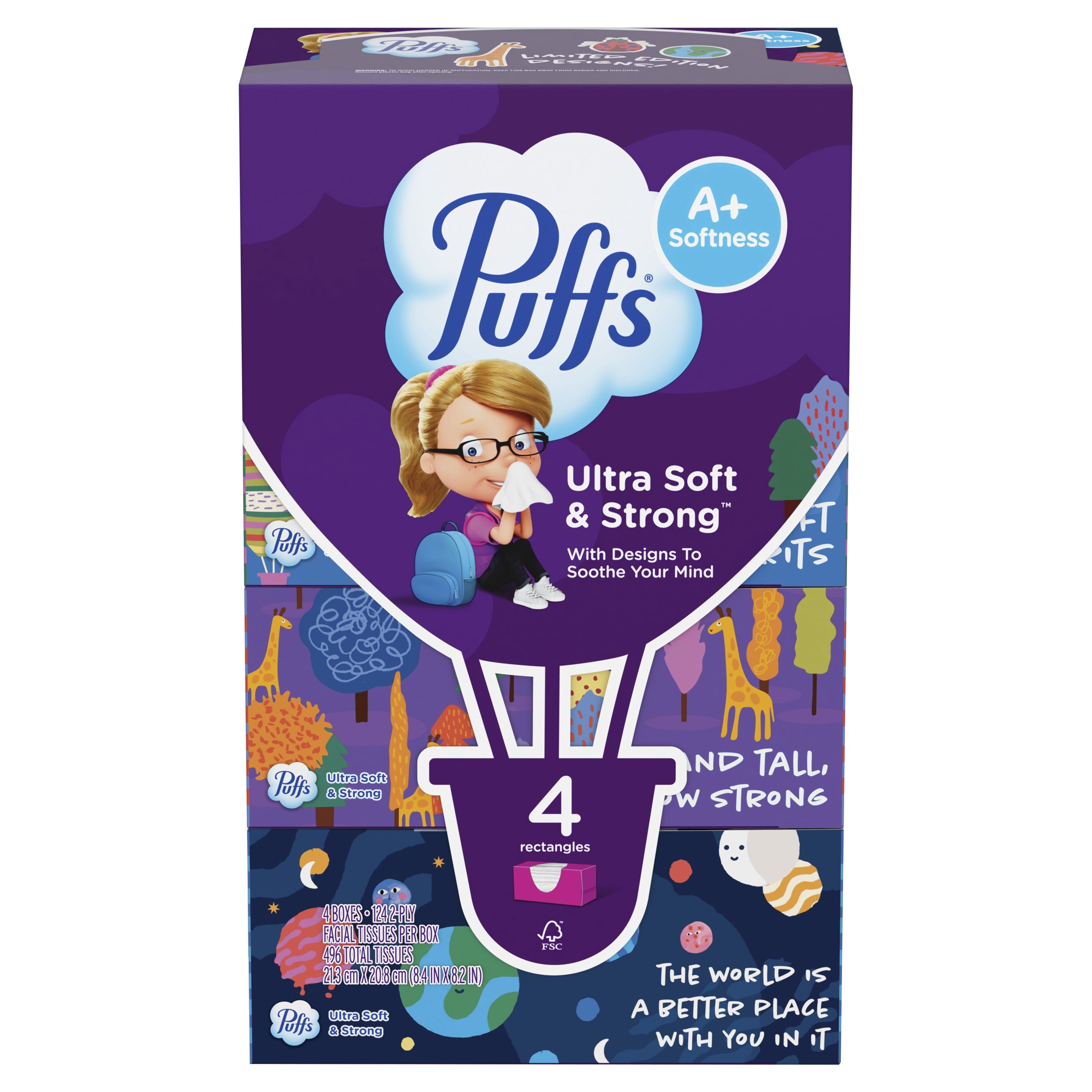 Puffs Ultra Soft Facial Tissues - Back-to-School Exclusive, 4 Rectangle Boxes, 124 Facial Tissues Per Box