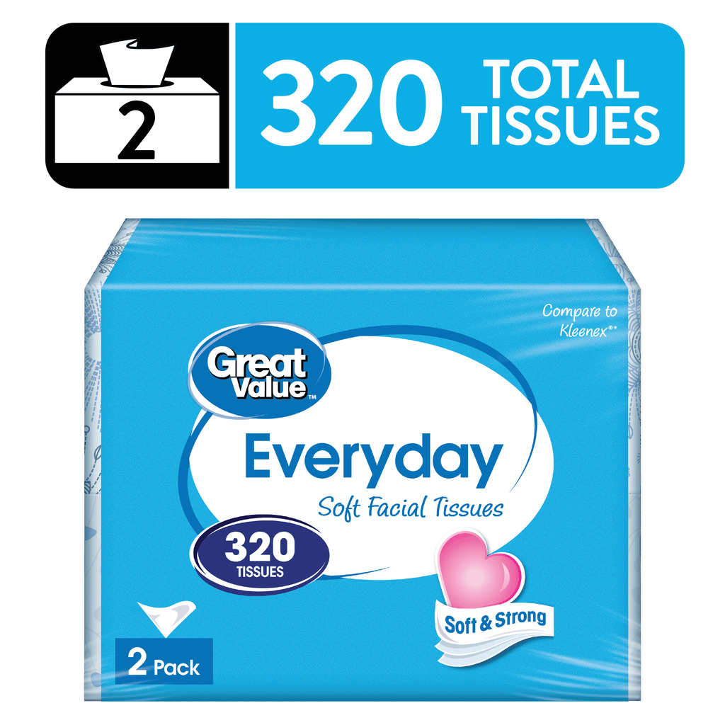 Great Value Everyday Soft Facial Tissues - 2 Flat Cartons, 160 Tissues per Carton, 2-Ply, Compare to Kleenex® - 12-Pack