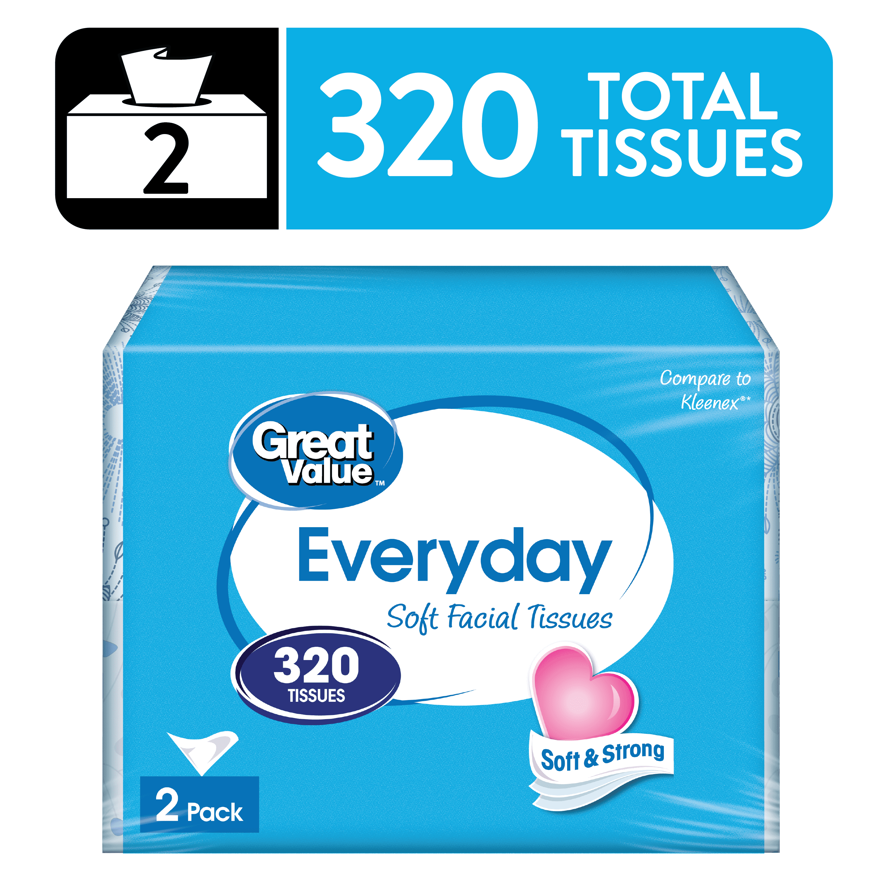 Great Value Everyday Soft Facial Tissues - 2 Flat Cartons, 160 Tissues per Carton, 2-Ply, Compare to Kleenex® - 12-Pack