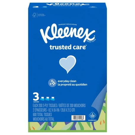 Kleenex Trusted Care Facial Tissues - 3 Flat Boxes, 200 Tissues per Box, 2-Ply (600 Total Tissues)