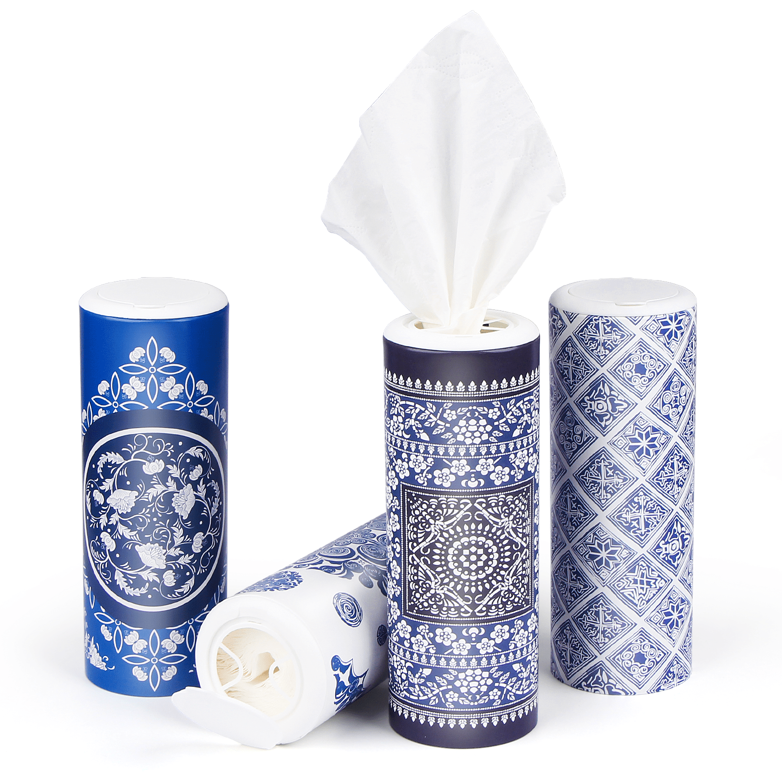 Clover Cylinder Facial Tissues for Car or Small Space，4 Tubes 3-Ply Blue Car Tissus for Travel