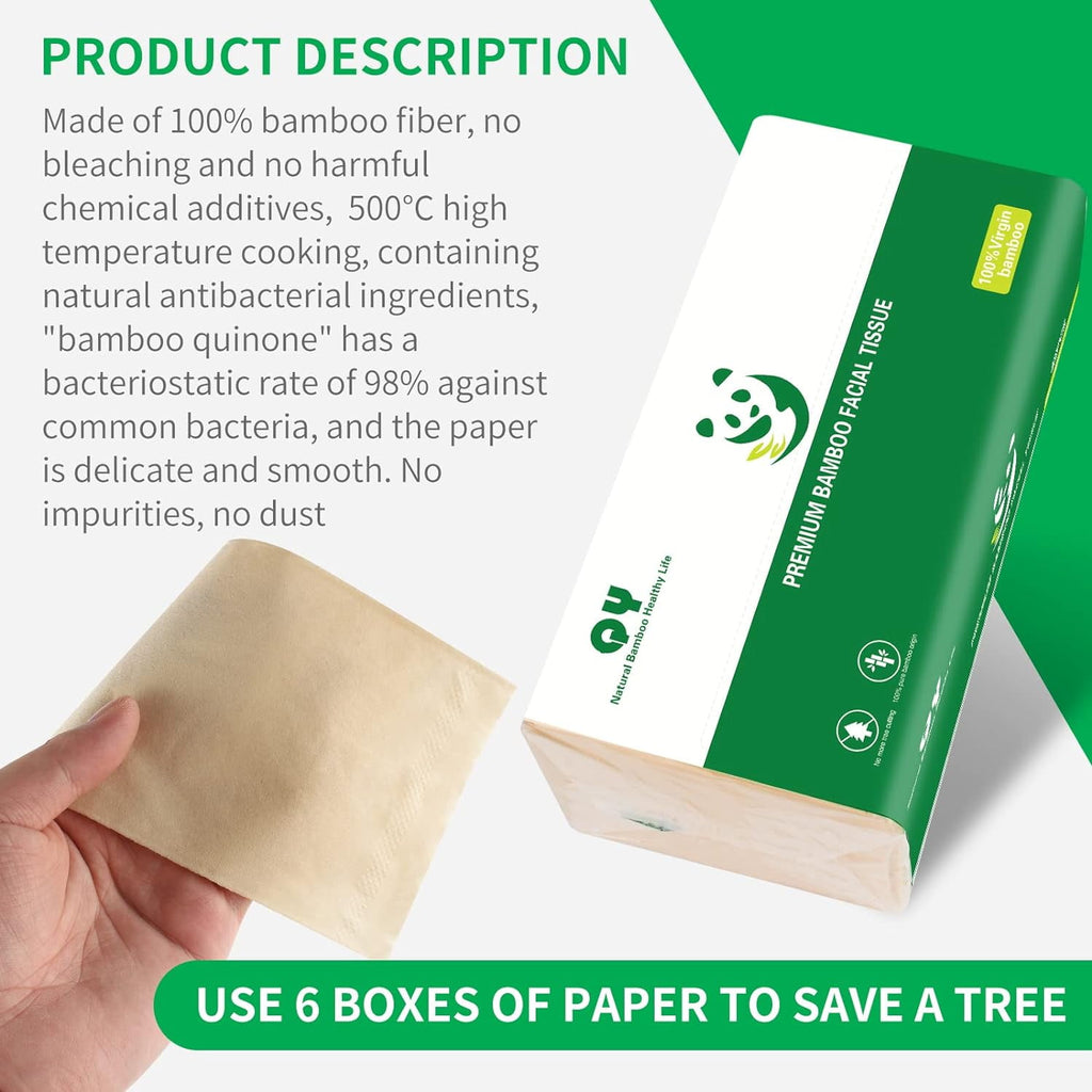 QingYa Bamboo Facial Tissue - 3 Ply Soft Unbleached Facial Paper, 12 Packs, 134 Tissues per Pack