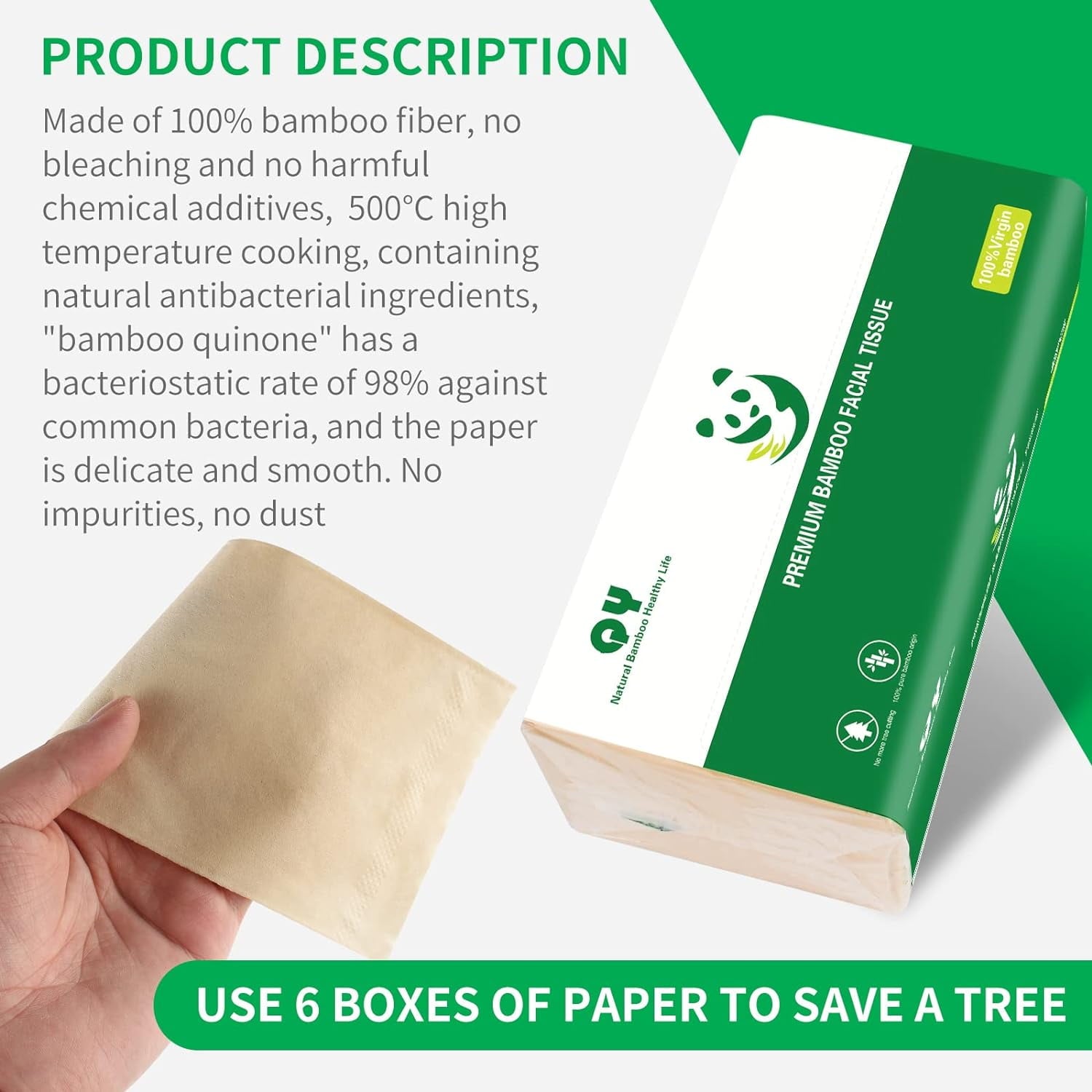QingYa Bamboo Facial Tissue - 3 Ply Soft Unbleached Facial Paper, 12 Packs, 134 Tissues per Pack