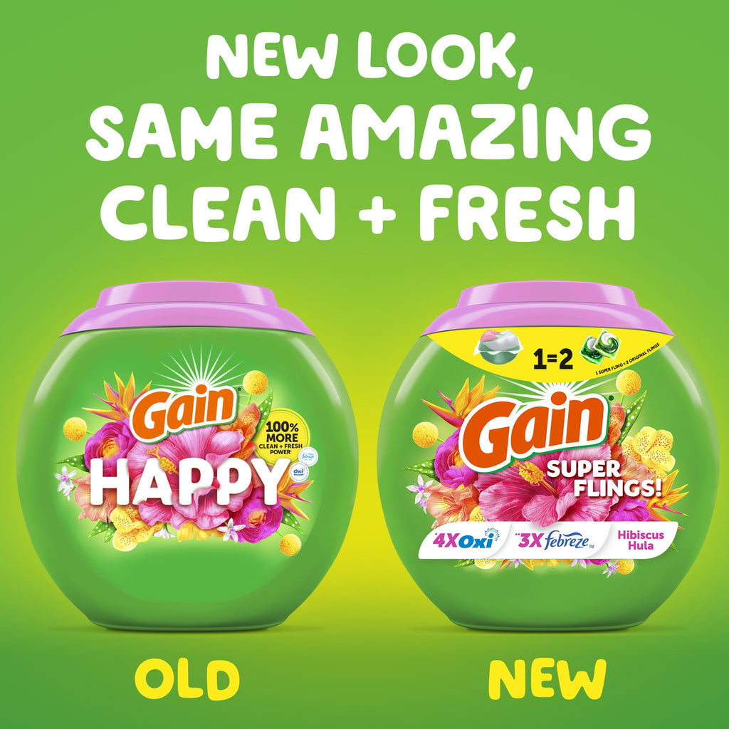 Gain Plus Flings Laundry Detergent Soap Pacs - All-In-One, Happy Hibiscus Scent, 18 Count