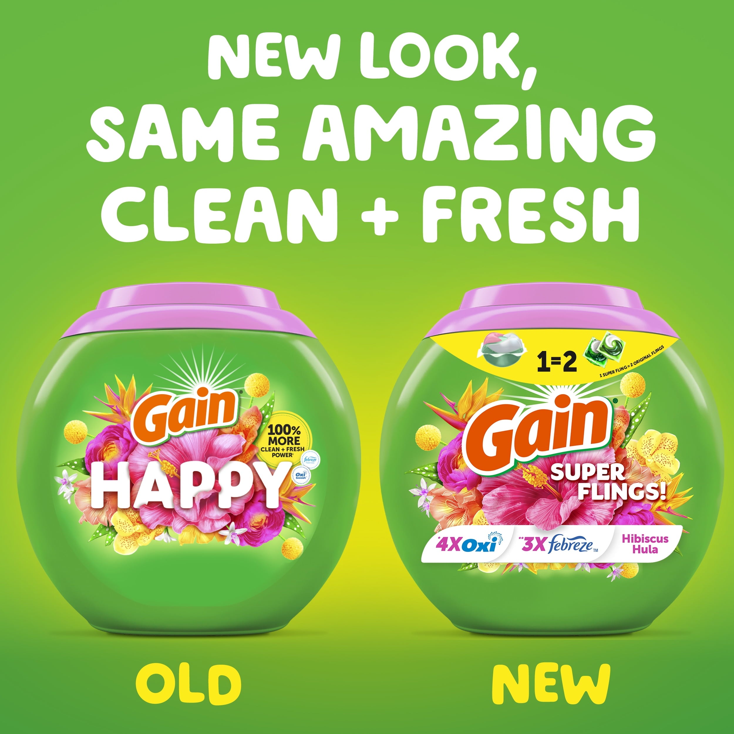 Gain Plus Flings Laundry Detergent Soap Pacs - All-In-One, Happy Hibiscus Scent, 18 Count