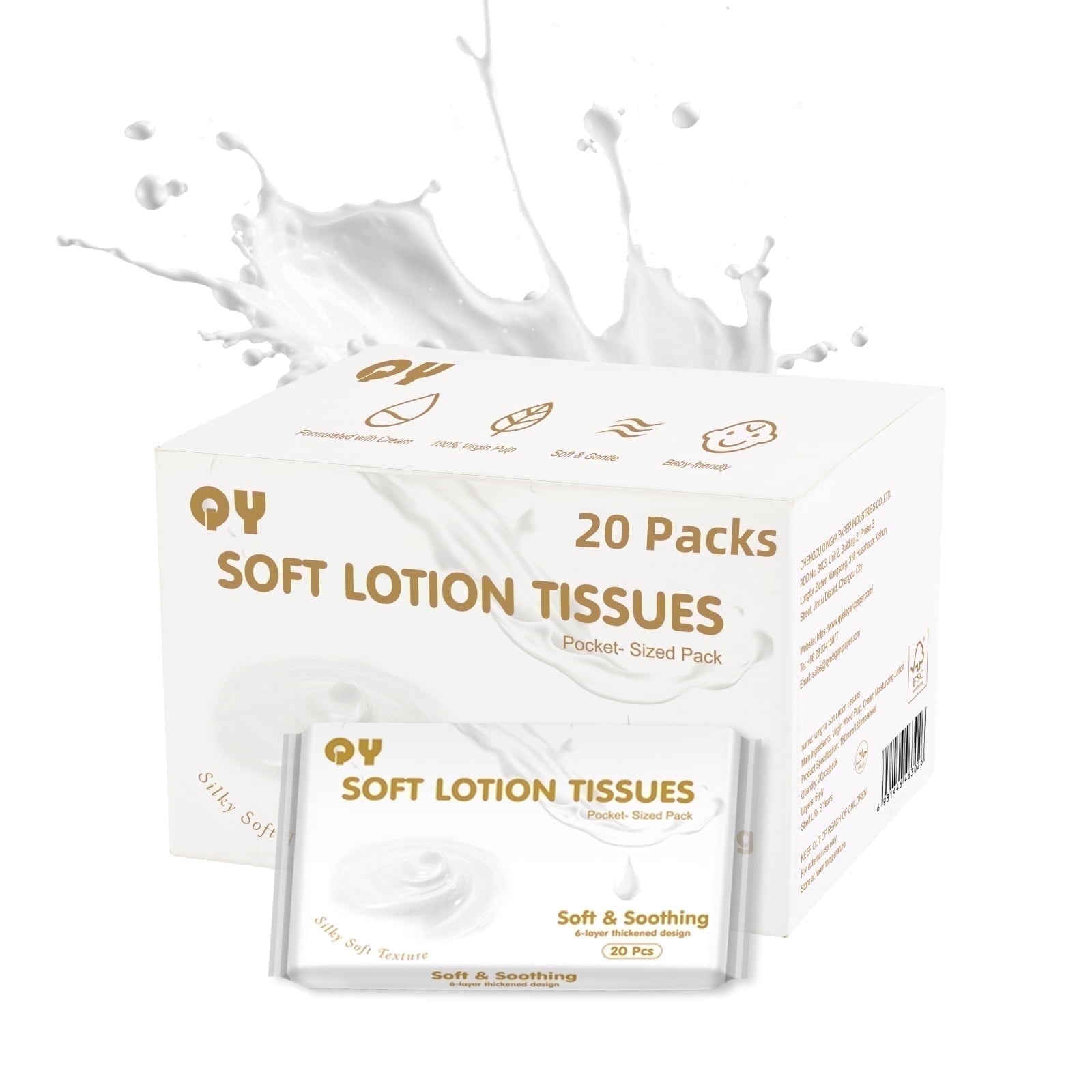 QingYa Facial Tissue with Lotion - 20 Tissue Packs, 6-Ply, 20 Sheets per Pack (400 Total Tissues), Ultra Soft