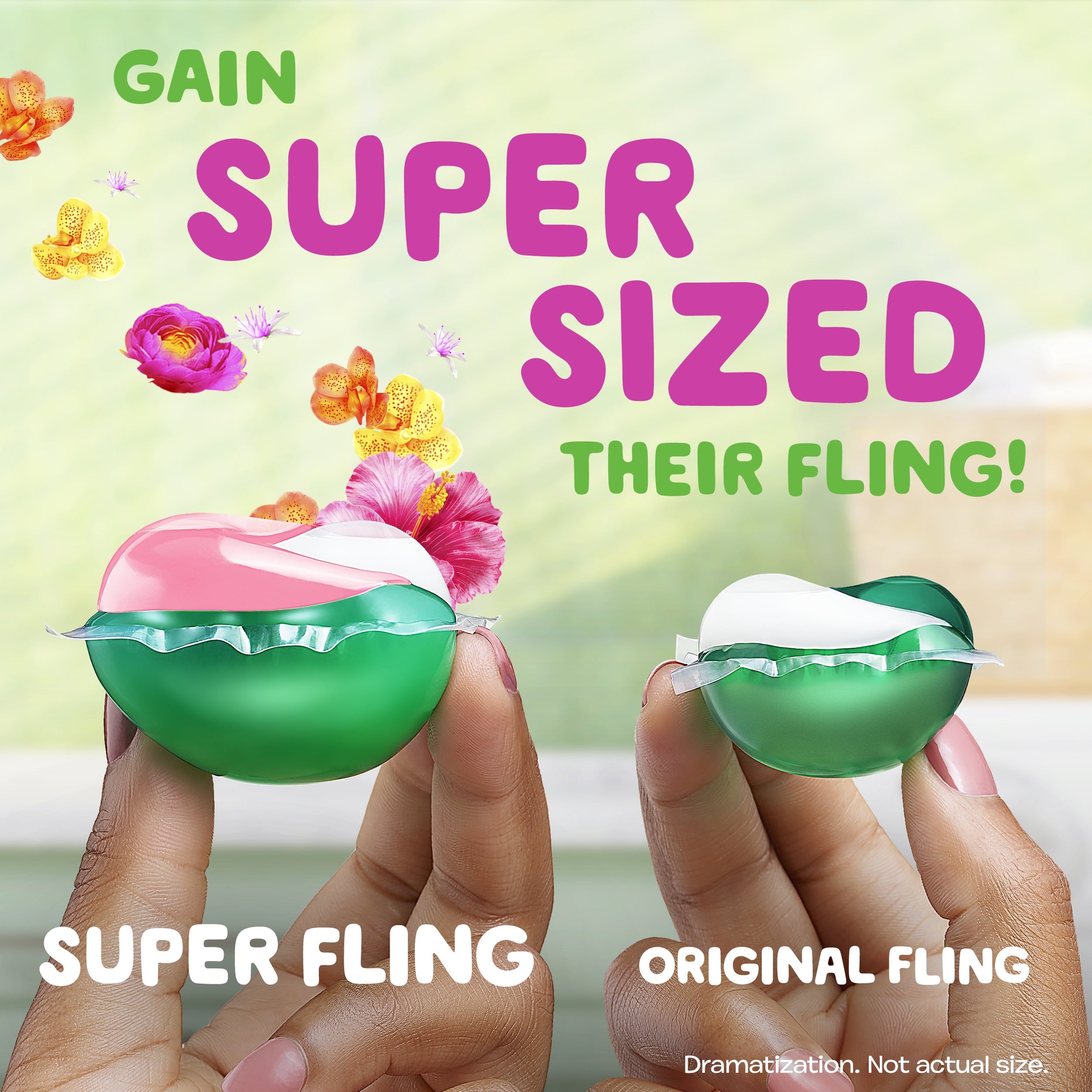Gain Plus Flings Laundry Detergent Soap Pacs - All-In-One, Happy Hibiscus Scent, 18 Count