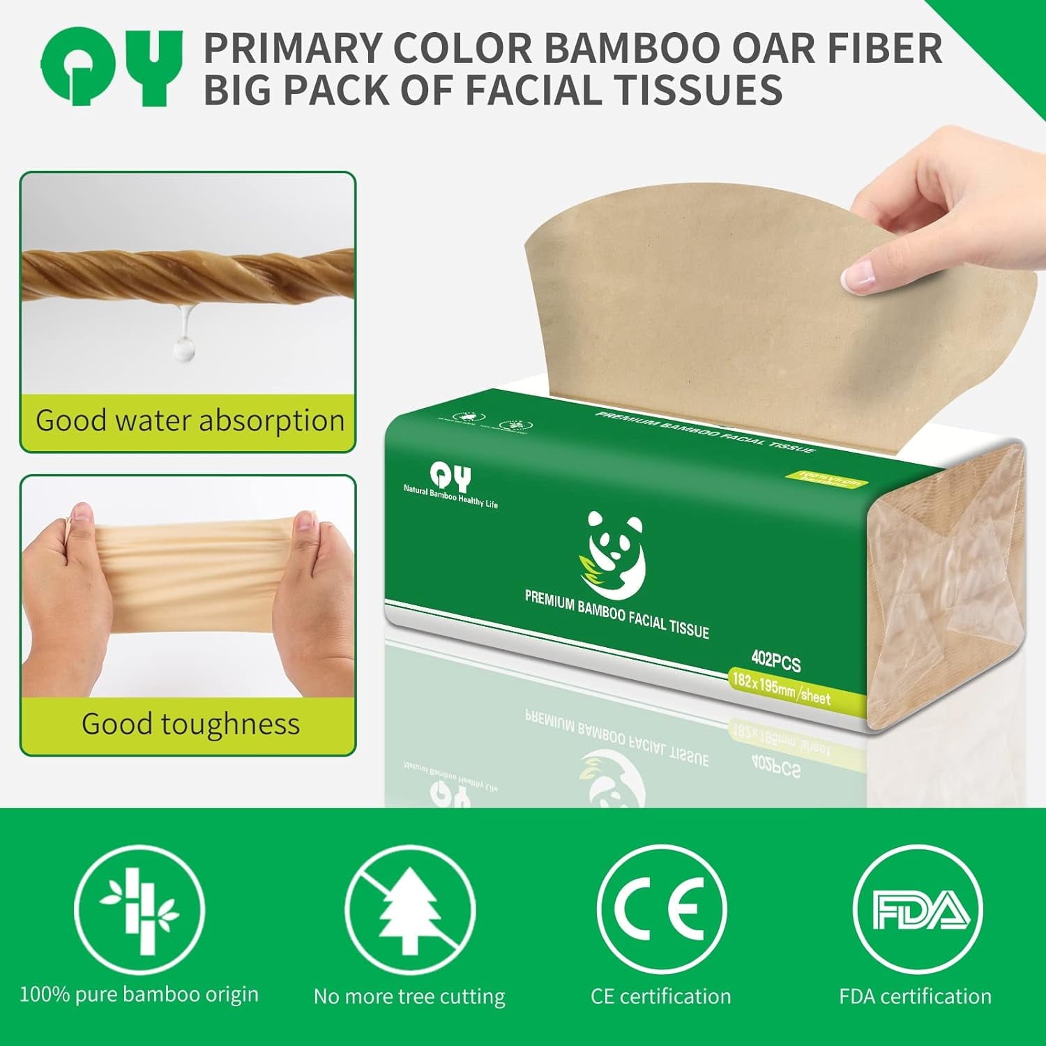 QingYa Bamboo Facial Tissue - 3 Ply Soft Unbleached Facial Paper, 12 Packs, 134 Tissues per Pack