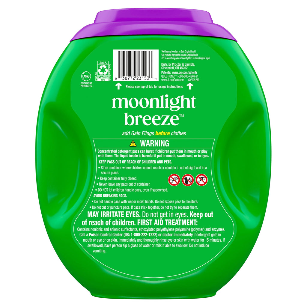 Gain Plus Flings Laundry Detergent Liquid Washing Pacs - Gain's Best All-In-One Clean, Moonlight Breeze Scent, 45 Count