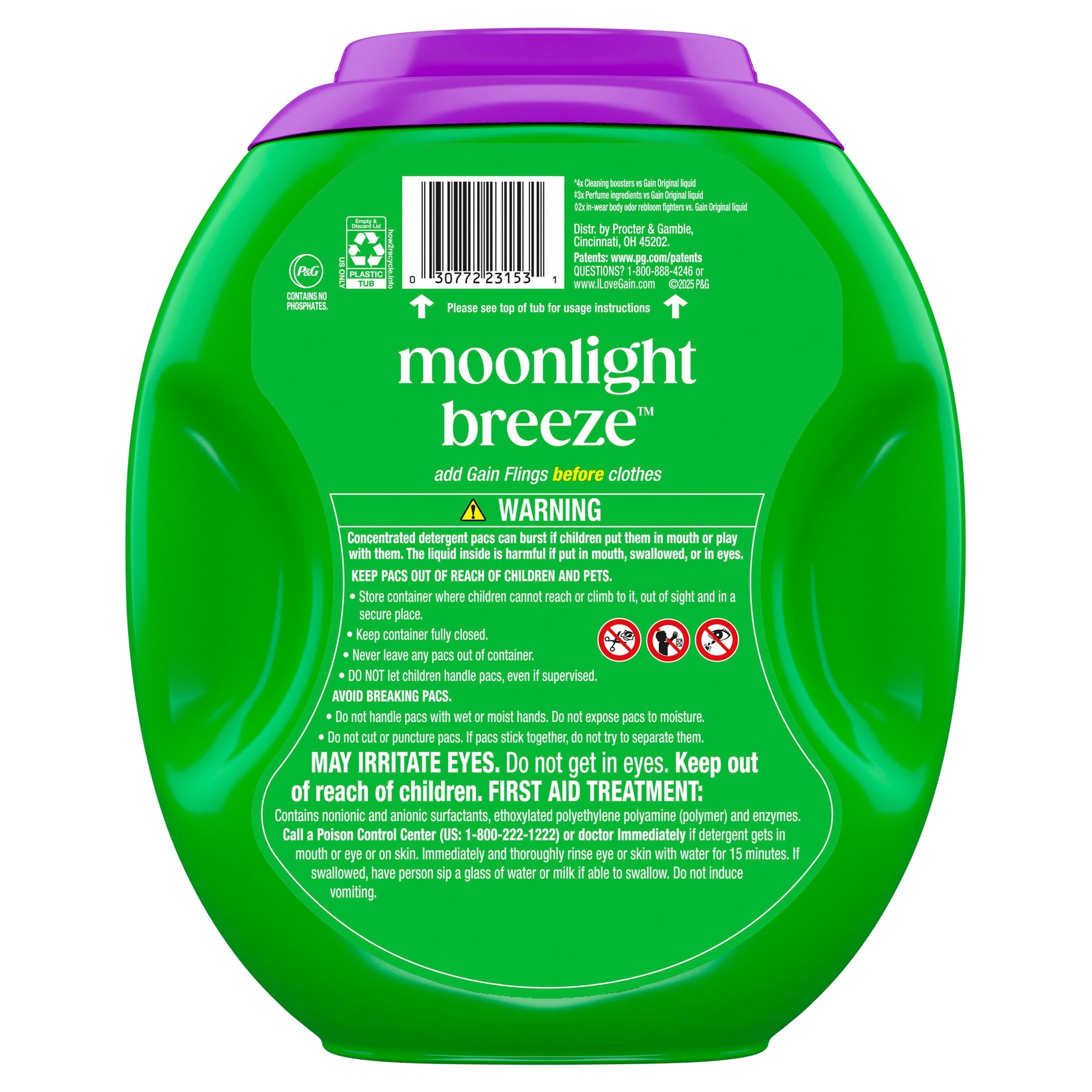 Gain Plus Flings Laundry Detergent Liquid Washing Pacs - Gain's Best All-In-One Clean, Moonlight Breeze Scent, 45 Count