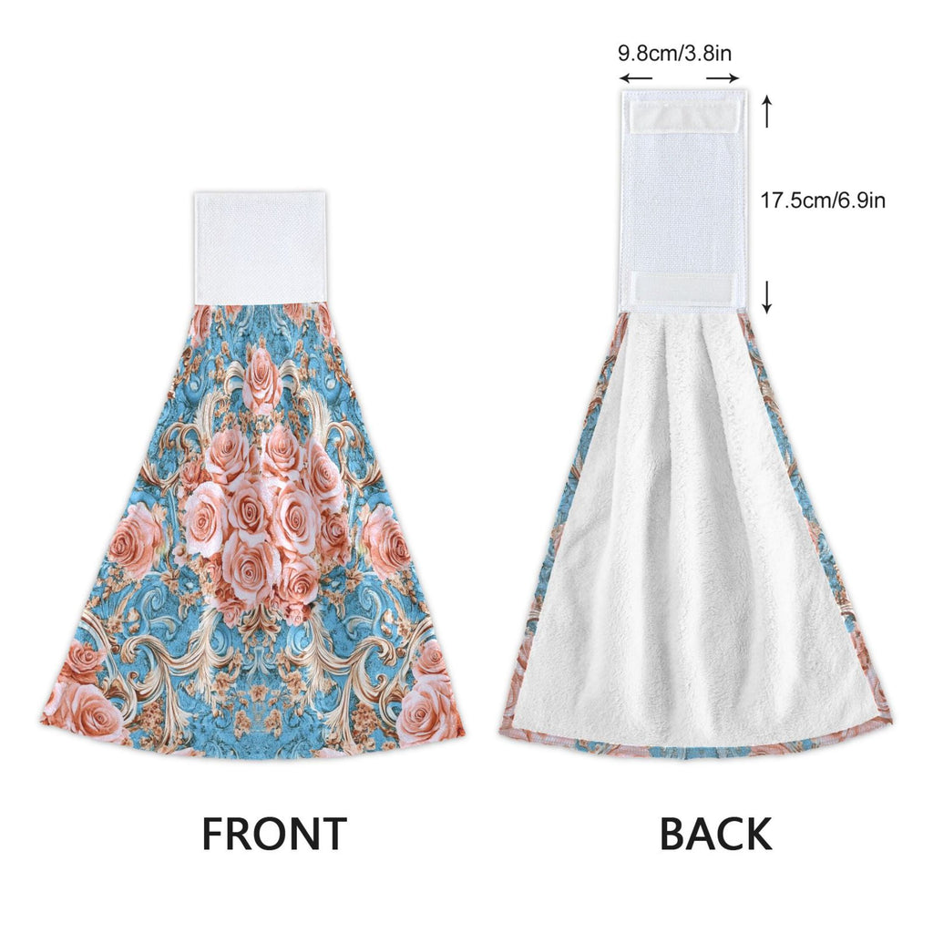 BZSMCE Hanging Hand Towels Fashion Blush Roses on Aqua Pattern 2-Pack - Velcro Style Bathroom Kitchen Towels