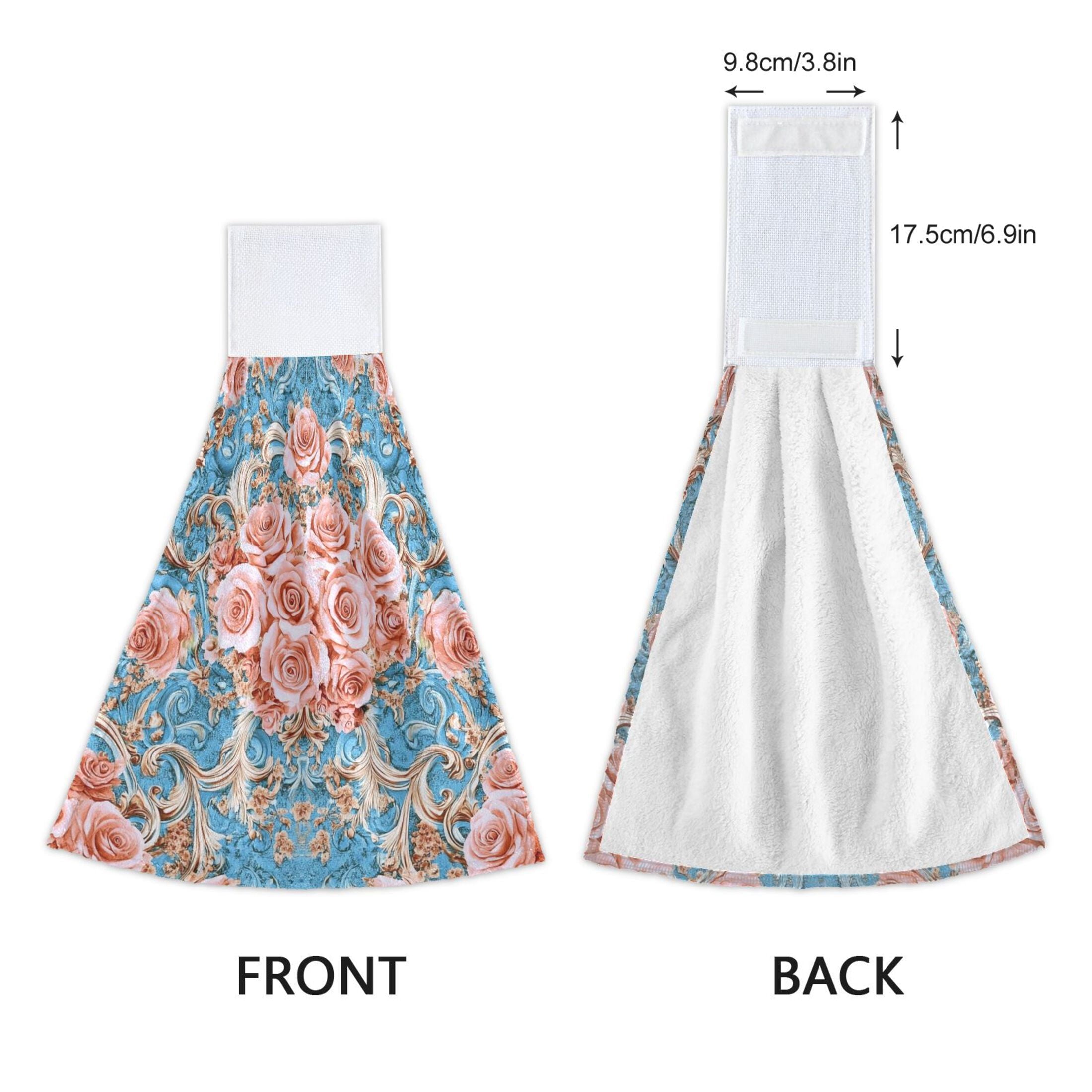 BZSMCE Hanging Hand Towels Fashion Blush Roses on Aqua Pattern 2-Pack - Velcro Style Bathroom Kitchen Towels