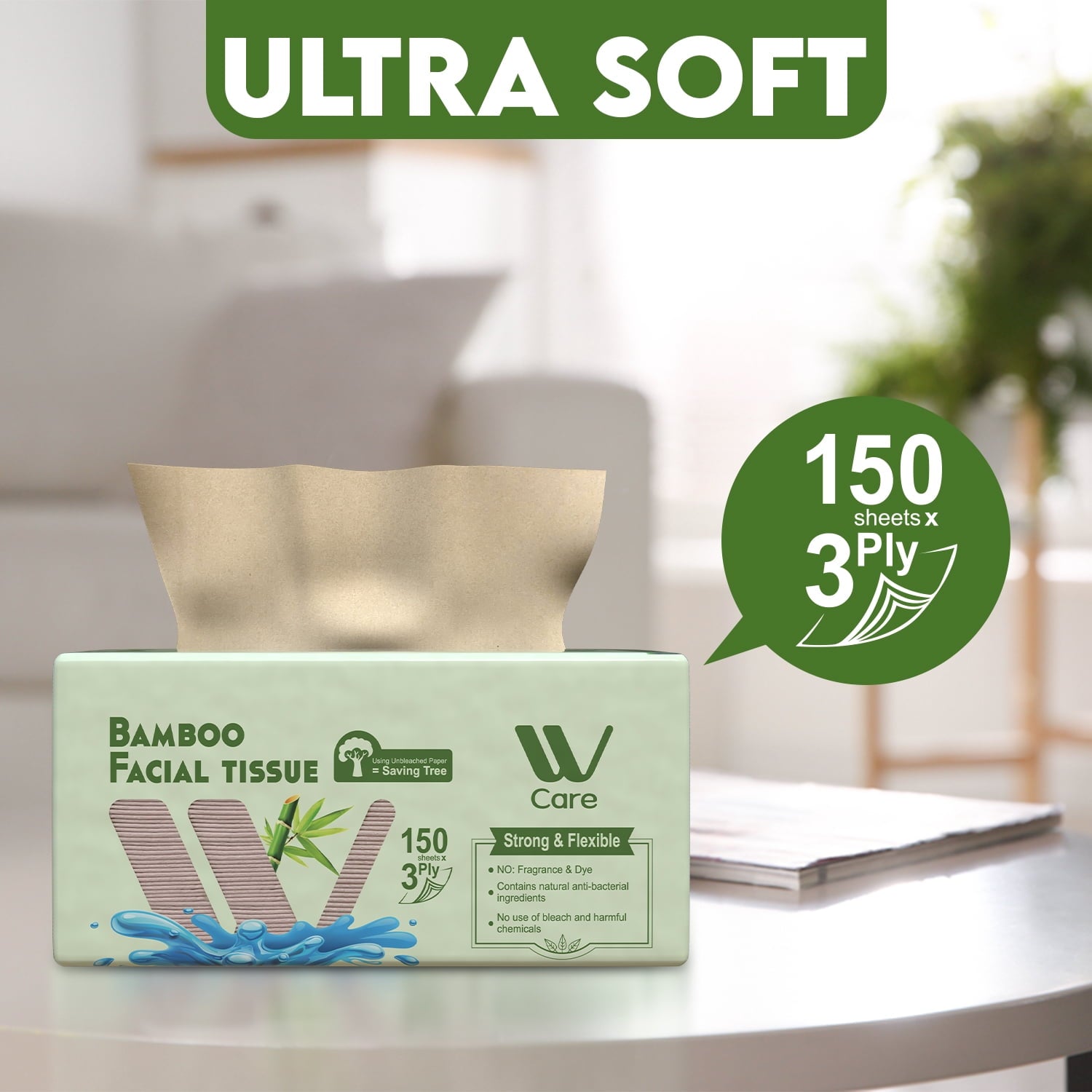 WBM 100% Bamboo Fiber 3-Ply Facial Tissues - 150 Tissues per Box, 10 Packs (1500 Total Tissues)