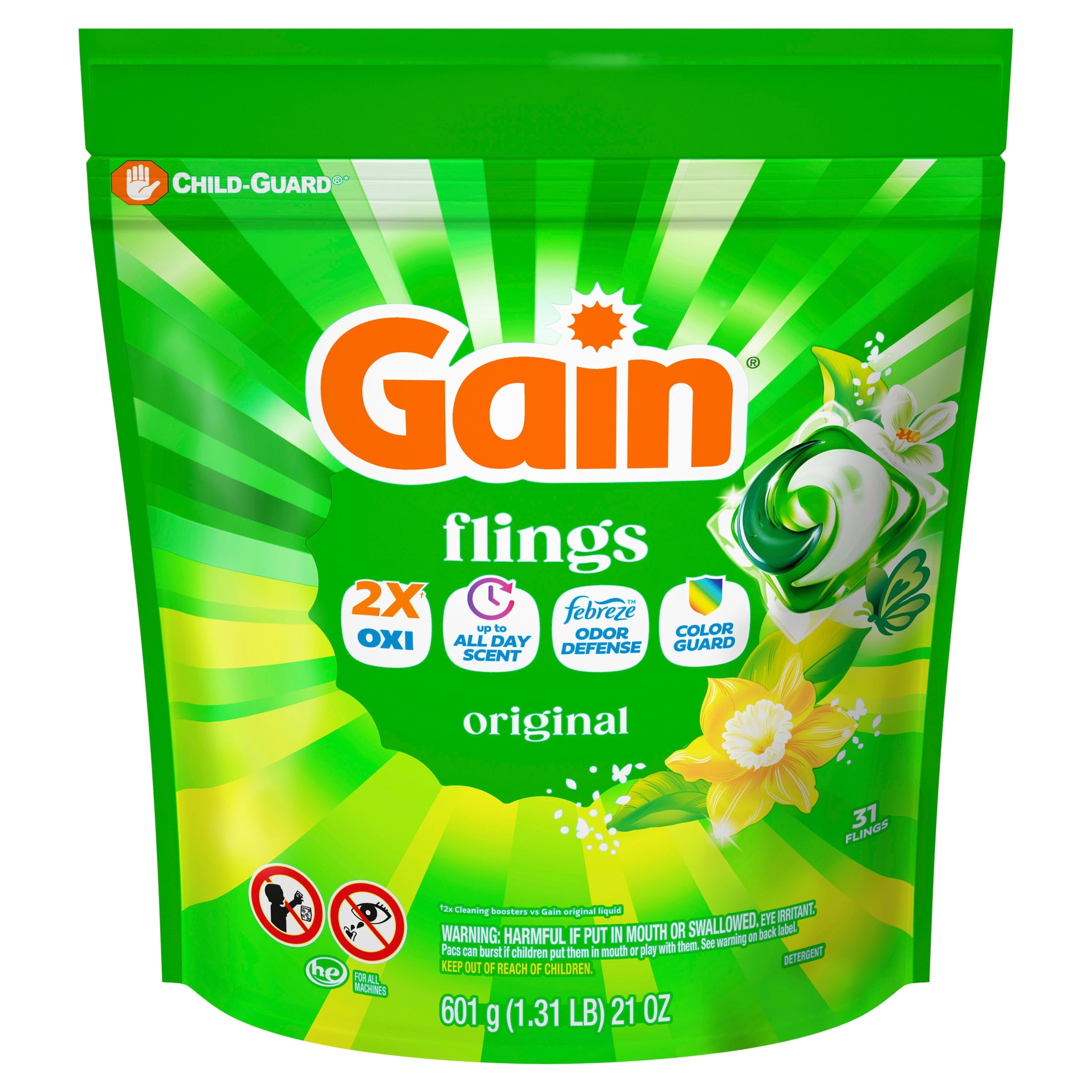 Gain Flings Laundry Detergent Soap Pacs - 4-in-1 Oxi Boost and Febreze, Original Scent, 31 Count