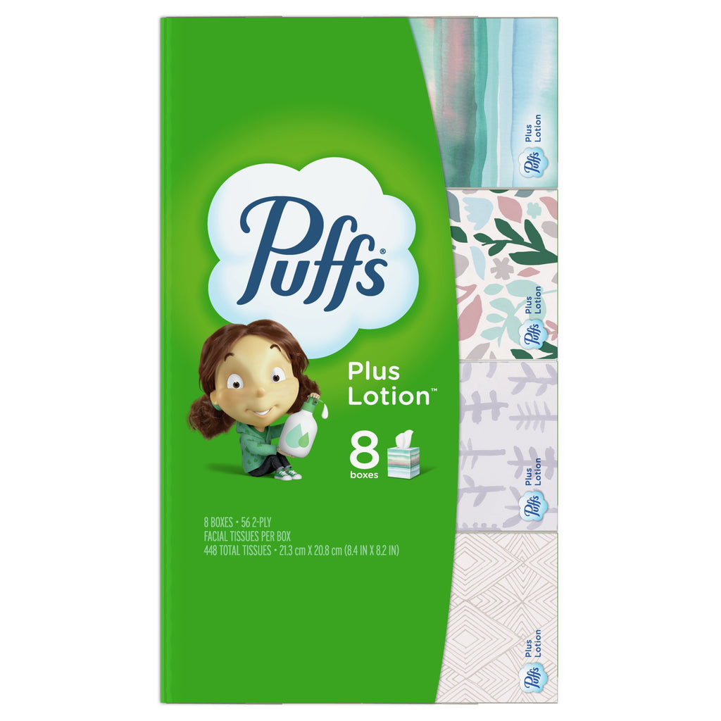 Puffs Plus Lotion Facial Tissue - 8 Cube Boxes, 56 Facial Tissues Per Cube