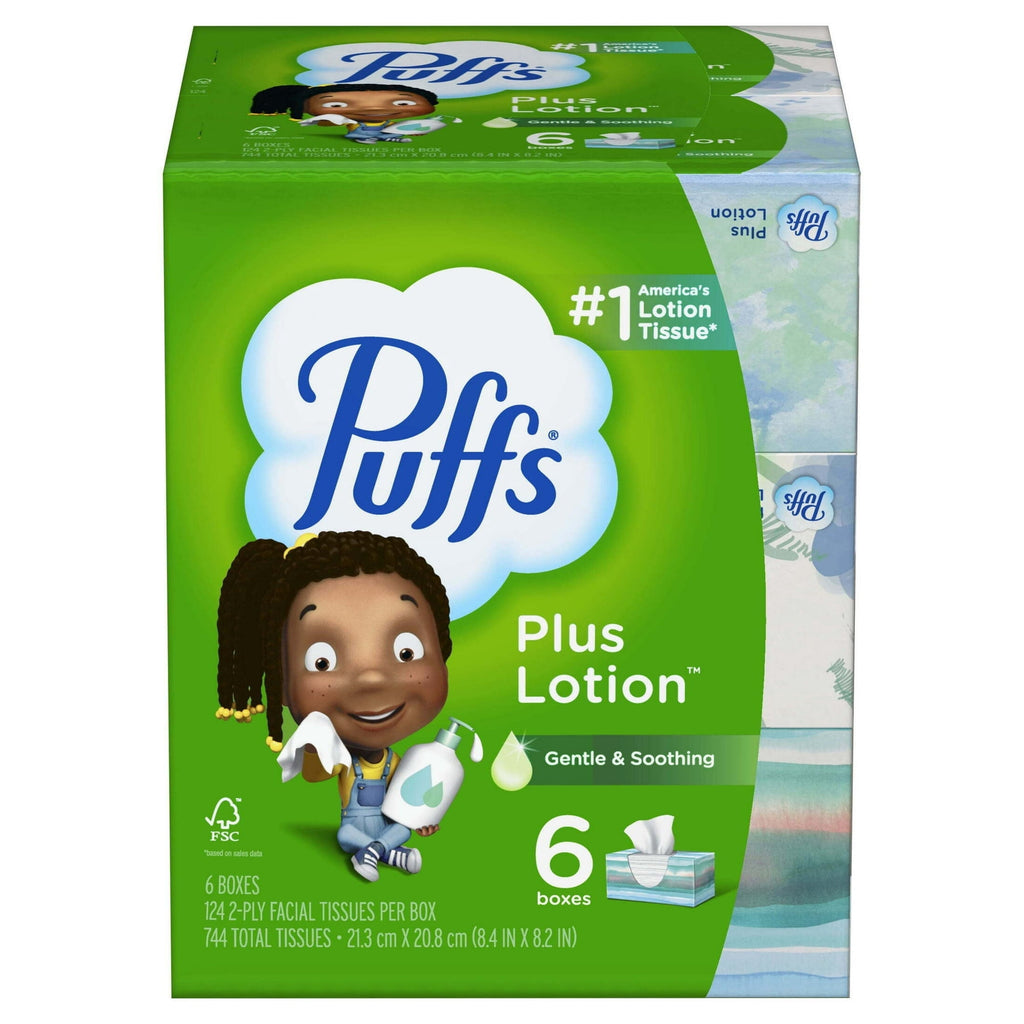Pack of 2 Puffs Plus Lotion Facial Tissue - 6 Family Size Boxes, 124 Tissues per Box