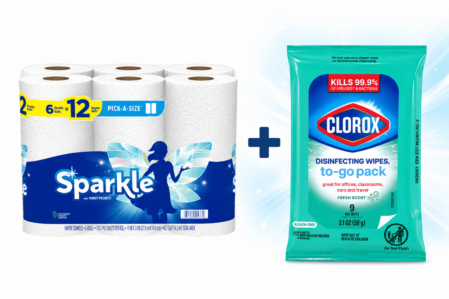 Sparkle Paper Towels 6 Double Rolls + Clorox Disinfecting Wipes To-Go Pack Bundle - 2 Pack Cleaning Essentials Set