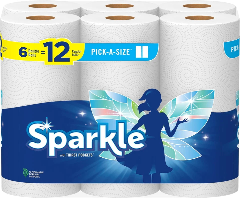Sparkle Pick-A-Size Paper Towels - 6 Double Rolls = 12 Regular Rolls - Half & Full