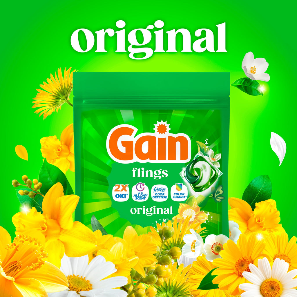Gain Flings Laundry Detergent Soap Pacs - 4-in-1 Oxi Boost and Febreze, Original Scent, 31 Count