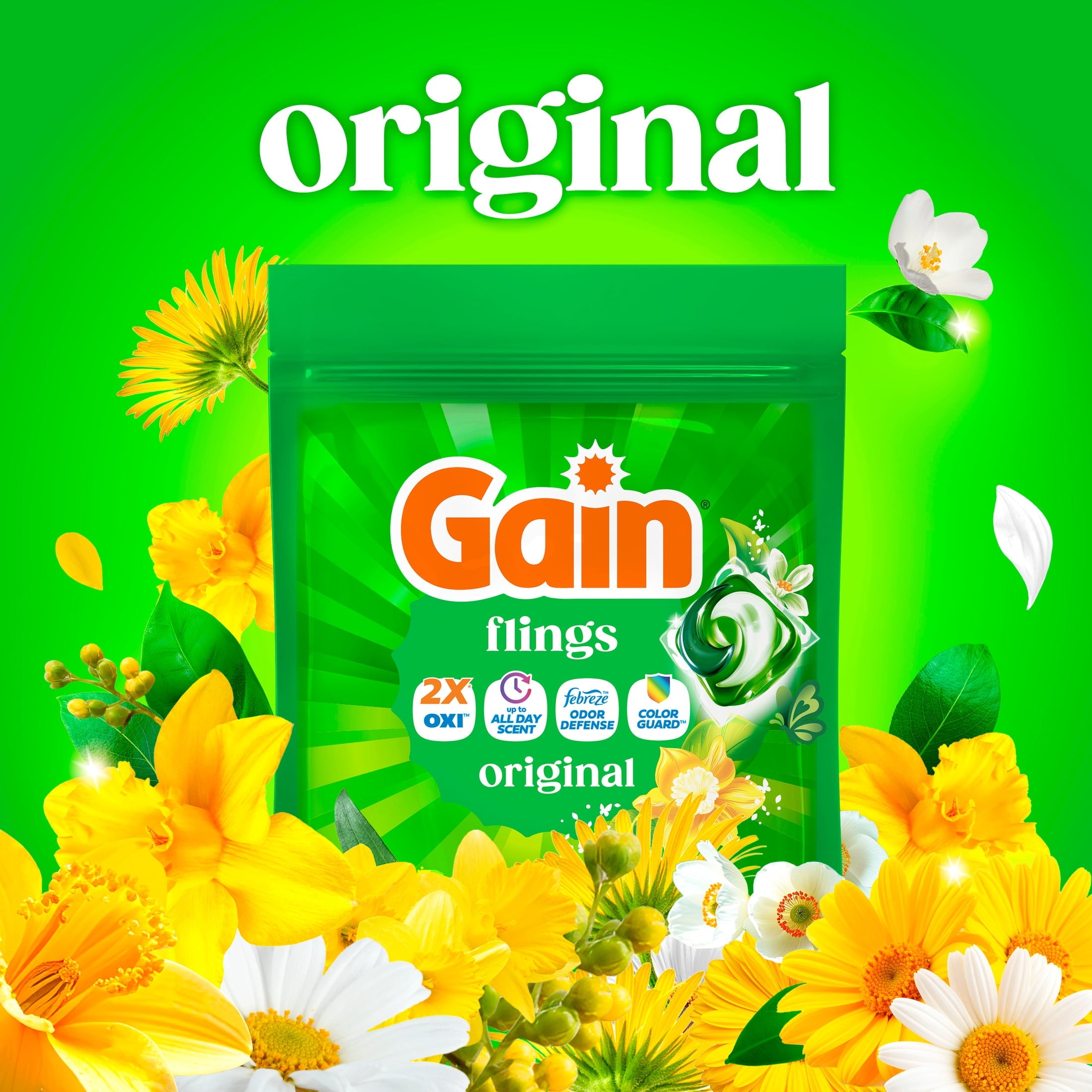 Gain Flings Laundry Detergent Soap Pacs - 4-in-1 Oxi Boost and Febreze, Original Scent, 31 Count