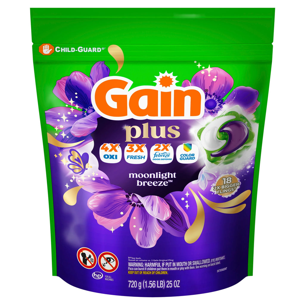 Gain Plus Flings Laundry Detergent Liquid Washing Pacs - Gain's Best All-In-One Clean, Moonlight Breeze Scent, 18 Count