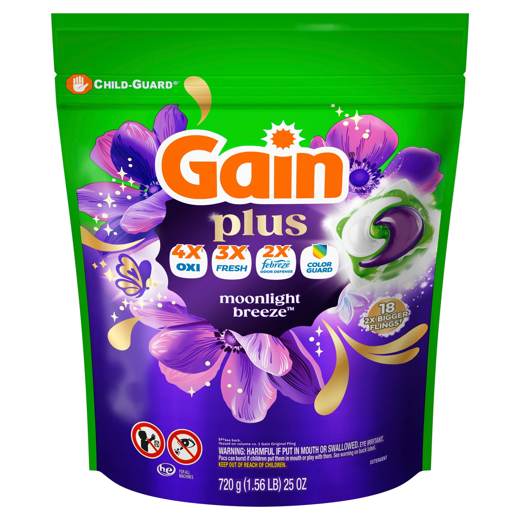 Gain Plus Flings Laundry Detergent Liquid Washing Pacs - Gain's Best All-In-One Clean, Moonlight Breeze Scent, 18 Count