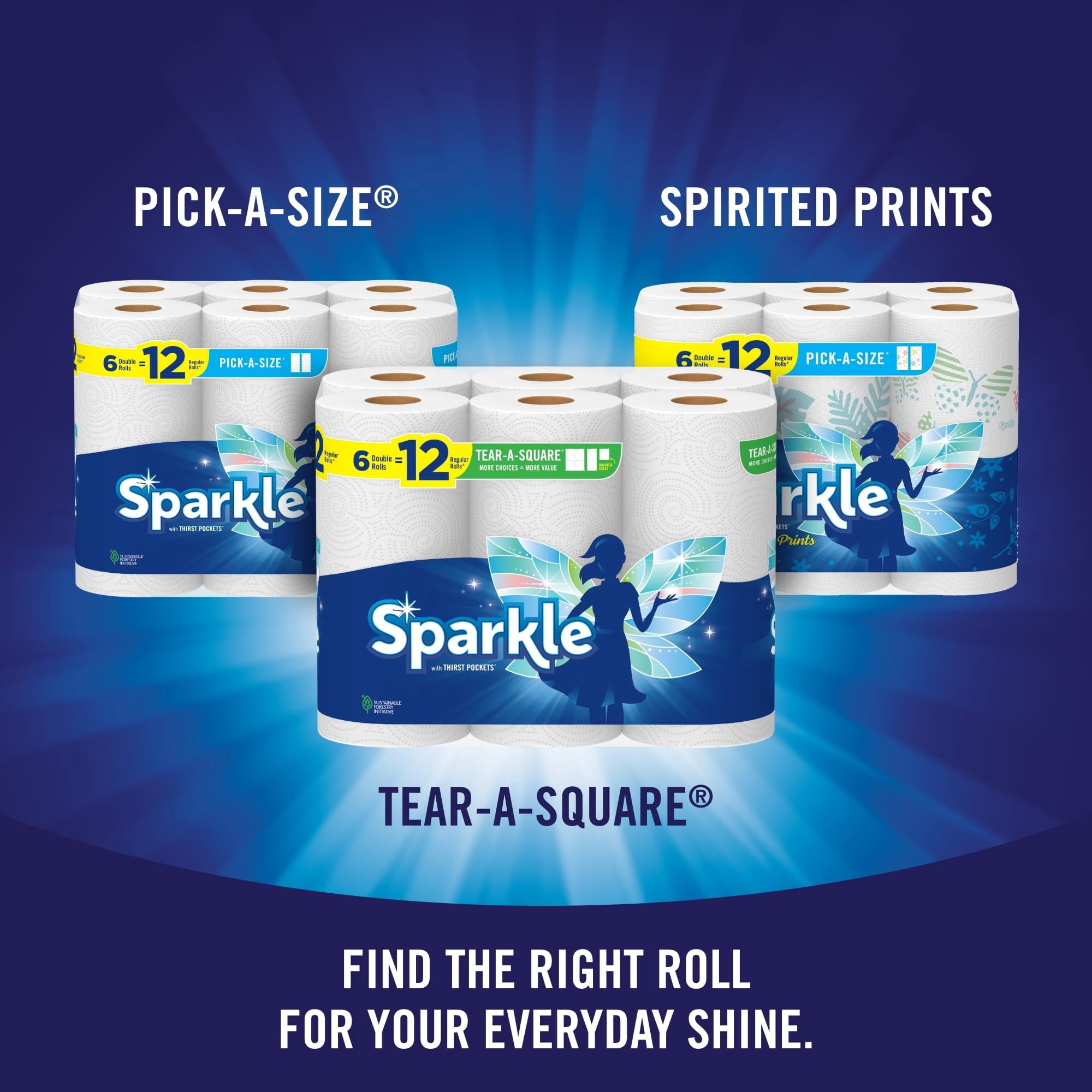 Sparkle Tear-A-Square Paper Towels - 2 Double Rolls = 4 Regular Rolls, Customizable Sheet Size Paper Towel