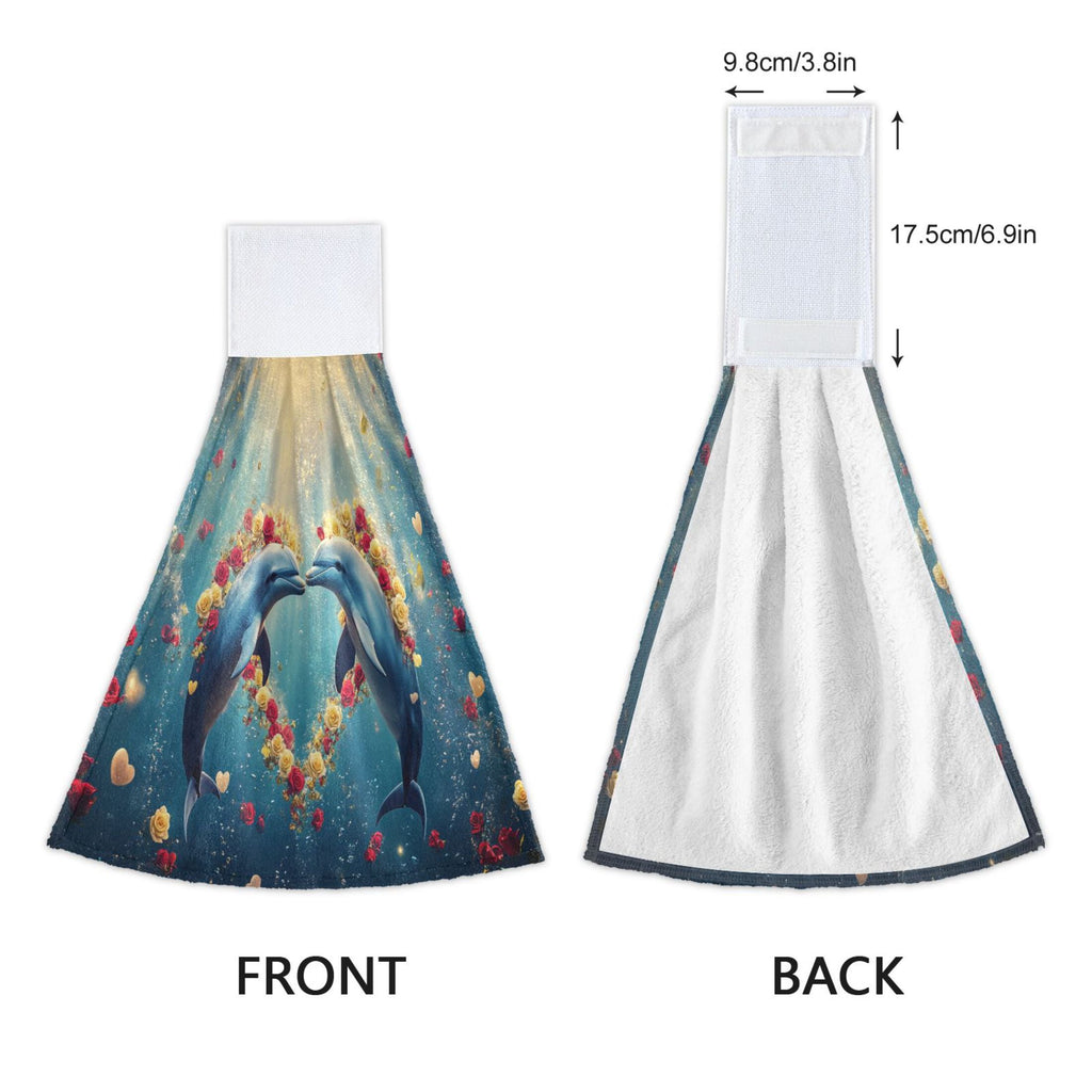 BZSMCE Hanging Hand Towels Fashion Dolphins Heart Roses Pattern 2-Pack - Velcro Style Bathroom Kitchen Towels