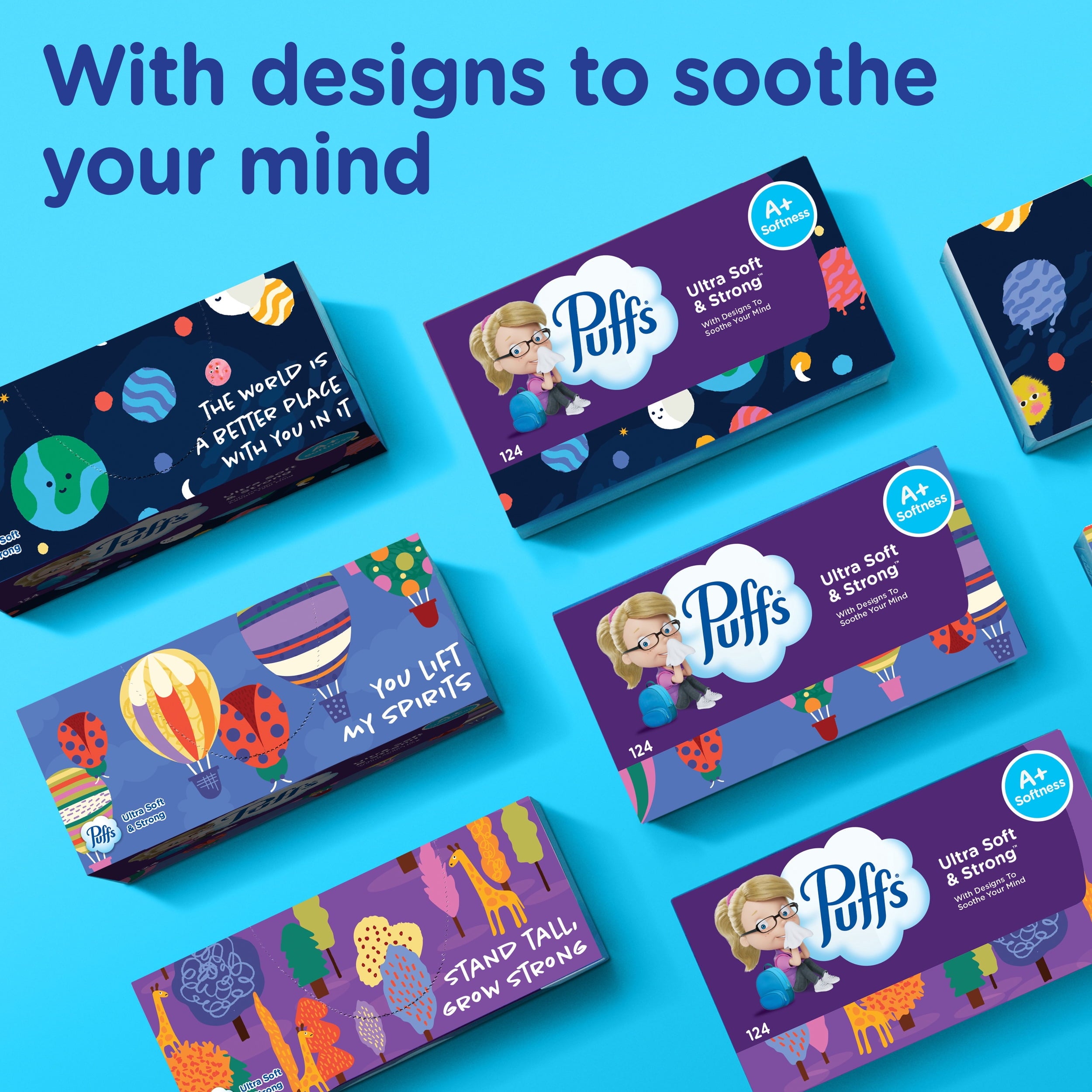 Puffs Ultra Soft Facial Tissues - Back-to-School Exclusive, 4 Rectangle Boxes, 124 Facial Tissues Per Box