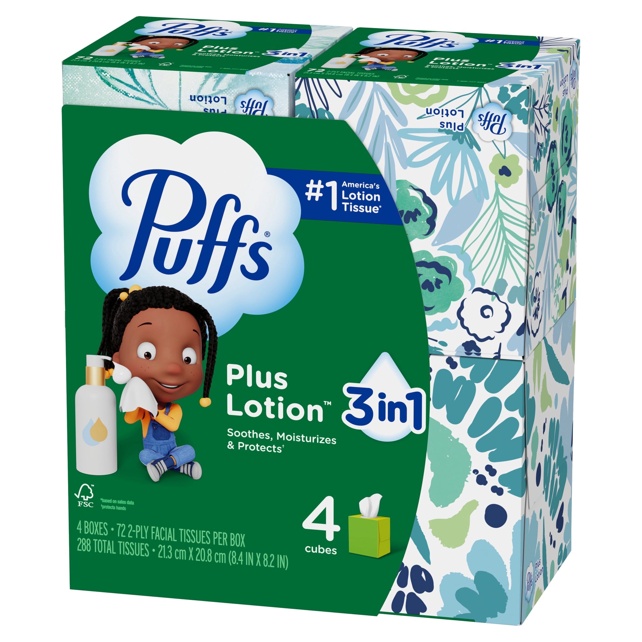 Puffs Facial Tissue Plus Lotion - 4 Mega Cube Boxes, 72 Tissues Per Box