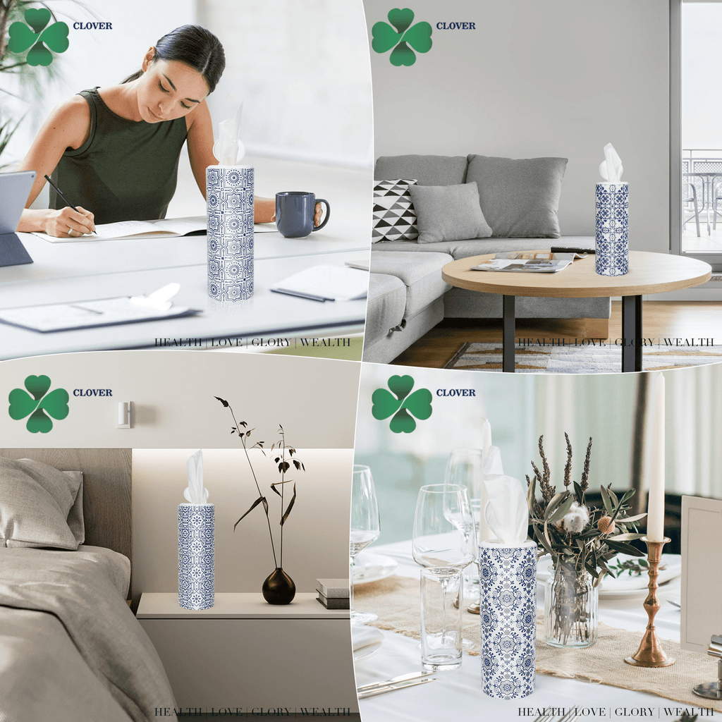Clover Cylinder Facial Tissues for Car or Small Space，4 Tubes 3-Ply White & Blue Car Tissus for Travel