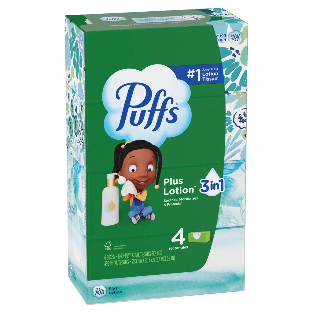 Puffs Plus Lotion Facial Tissues - 4 Family Boxes, 124 tissues per box