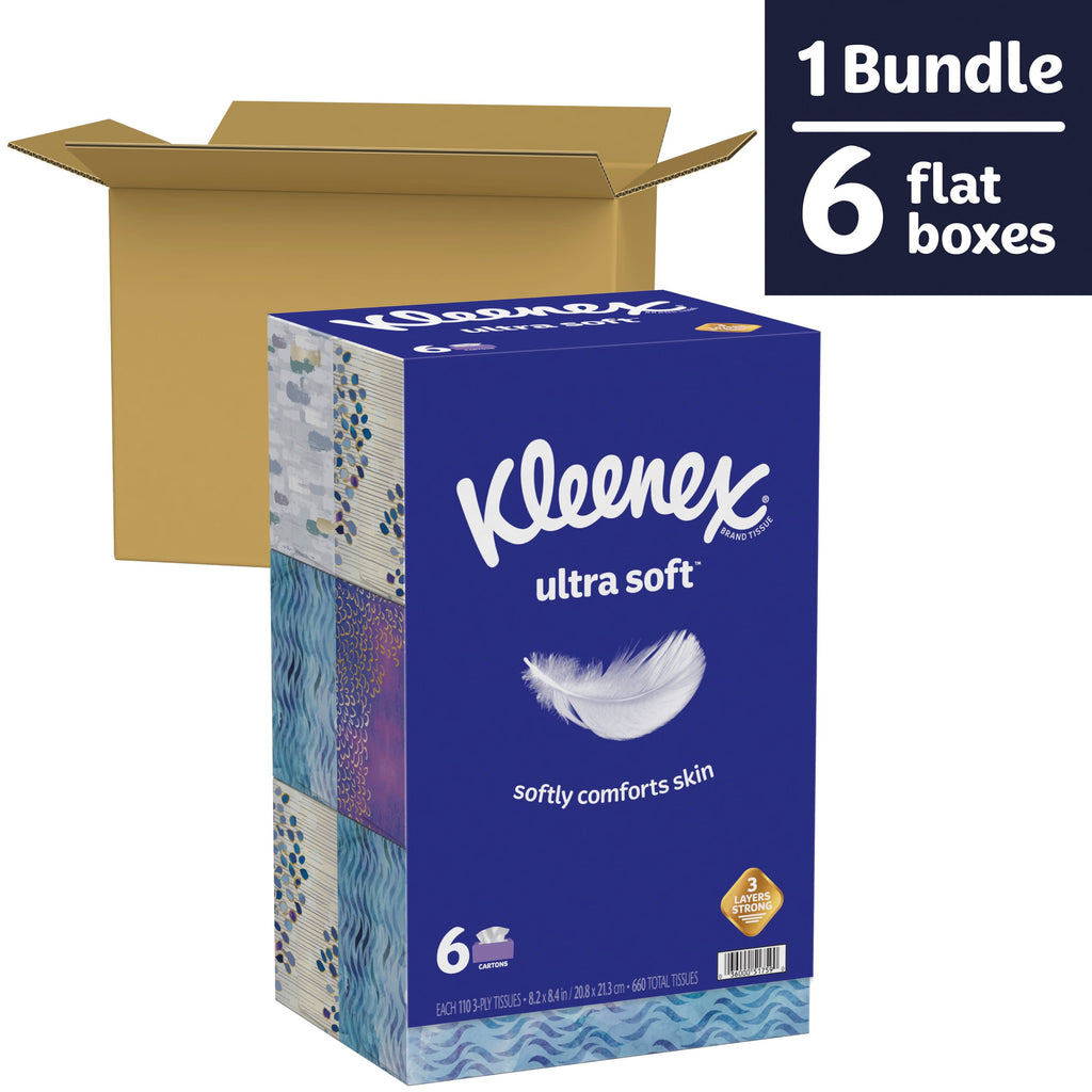 Kleenex Ultra Soft Facial Tissues - 6 Flat Boxes, 110 White Tissues per Box, 3-Ply (660 Total)