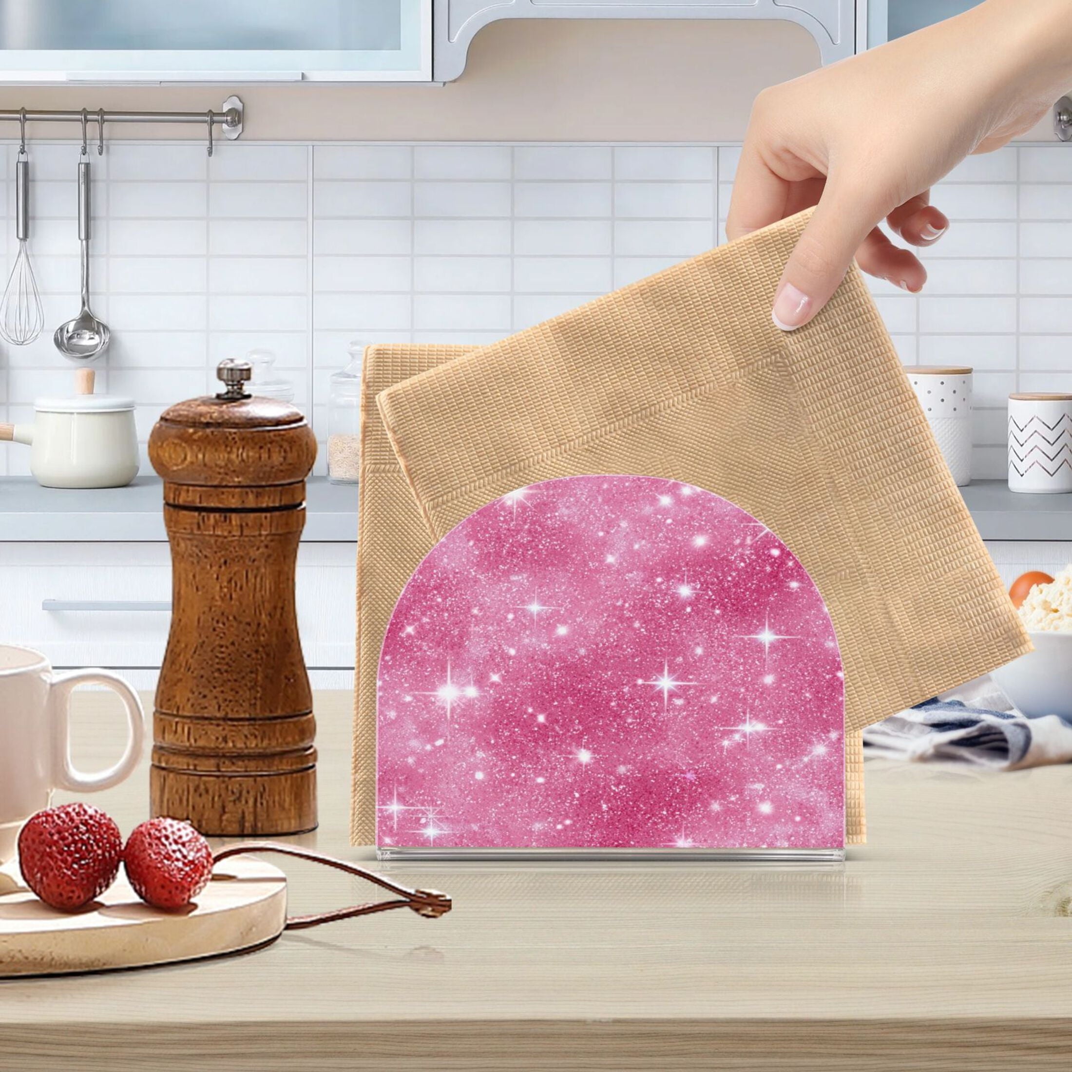 Napkin Holder for Table Kitchen Paper Tissue Organization Standing Paper Napkin Storage Pink Glitter Background